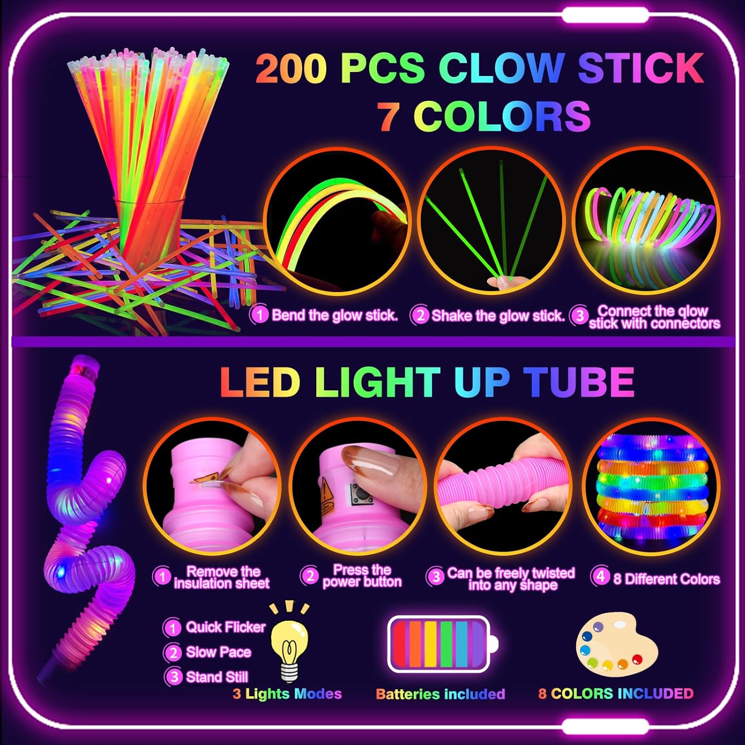 360PCS Glow in the Dark Party Supplies, Light Up Party Favors with Neon Hats, LED Glasses & Pop Tubes, Balloons, 200 Glow Sticks Light Up Accessories for Hora Loca Carnival 80's Neon Party Halloween