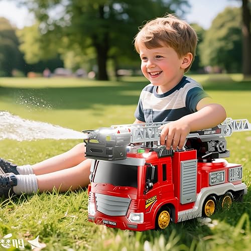 Miniatura 4 de Camión de bomberos de juguete para niños de 3, 4, 5, 6, 7, 8 años, juego de camiones de bomberos con escalera giratoria, sonido y luz, juguetes de