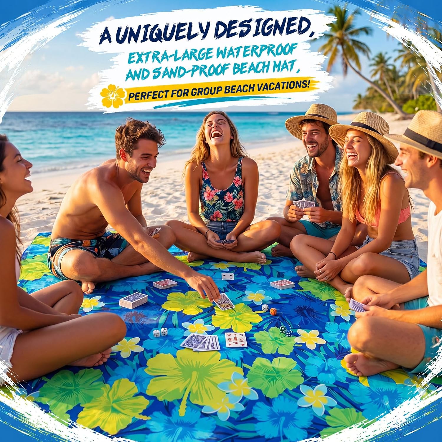 Oversized Beach Outdoor Blanket 79" x 83" Large Waterproof Sandproof Tropical Beach Mat with Stakes Safety Clips Carry Bag Blue Green Yellow Floral Picnic Blanket for Travel Summer Camping