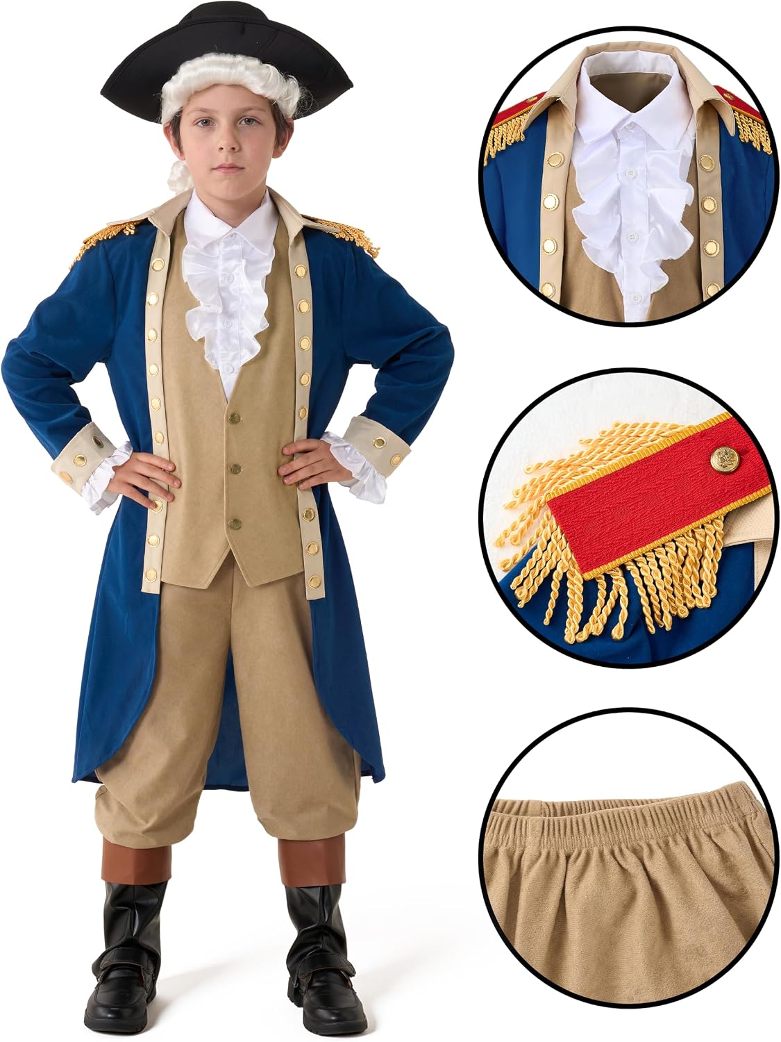  George Washington Costume for Kids, Colonial Boys Costume with Wig and Hat for Halloween DressUp Party thumbnail