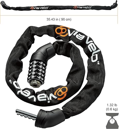 Miniatura 2 de Via Velo Candado de cadena para bicicleta, combinación reiniciable de 5 dígitos, cerradura antirrobo de bicicleta resistente, cerraduras de