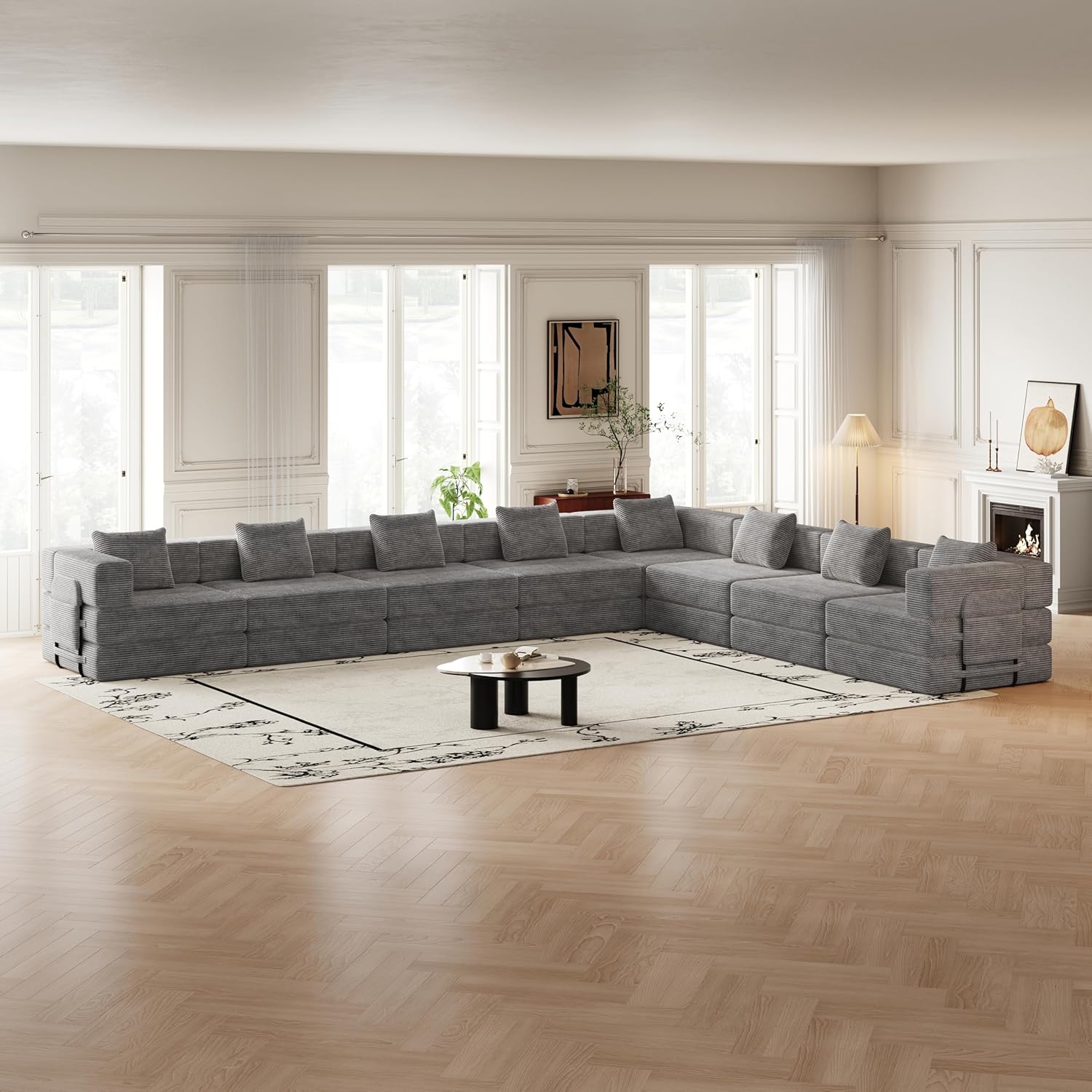 KEIKI 288.4'' 8-Seater Folding Sofa Bed, Corduroy Fabric Convertible Sofa with Cushions & Side Storage Pockets, Pull-Out Floor Mat Couch for Living Room, Bedroom & Study, Space-Saving, Grey