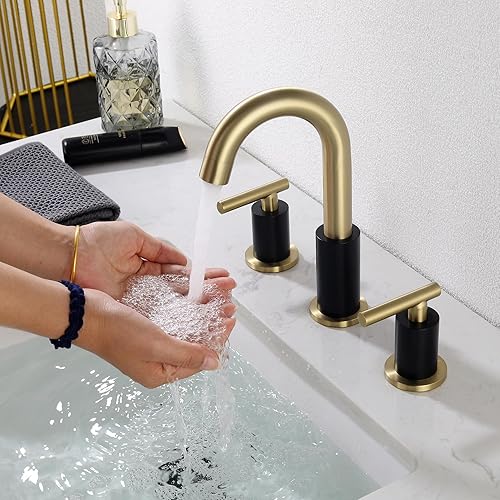 Miniatura 3 de Grifo de baño negro y dorado de 3 agujeros con drenaje desplegable (con sobreflujo) y manguera de suministro, grifo de fregadero de baño de acero