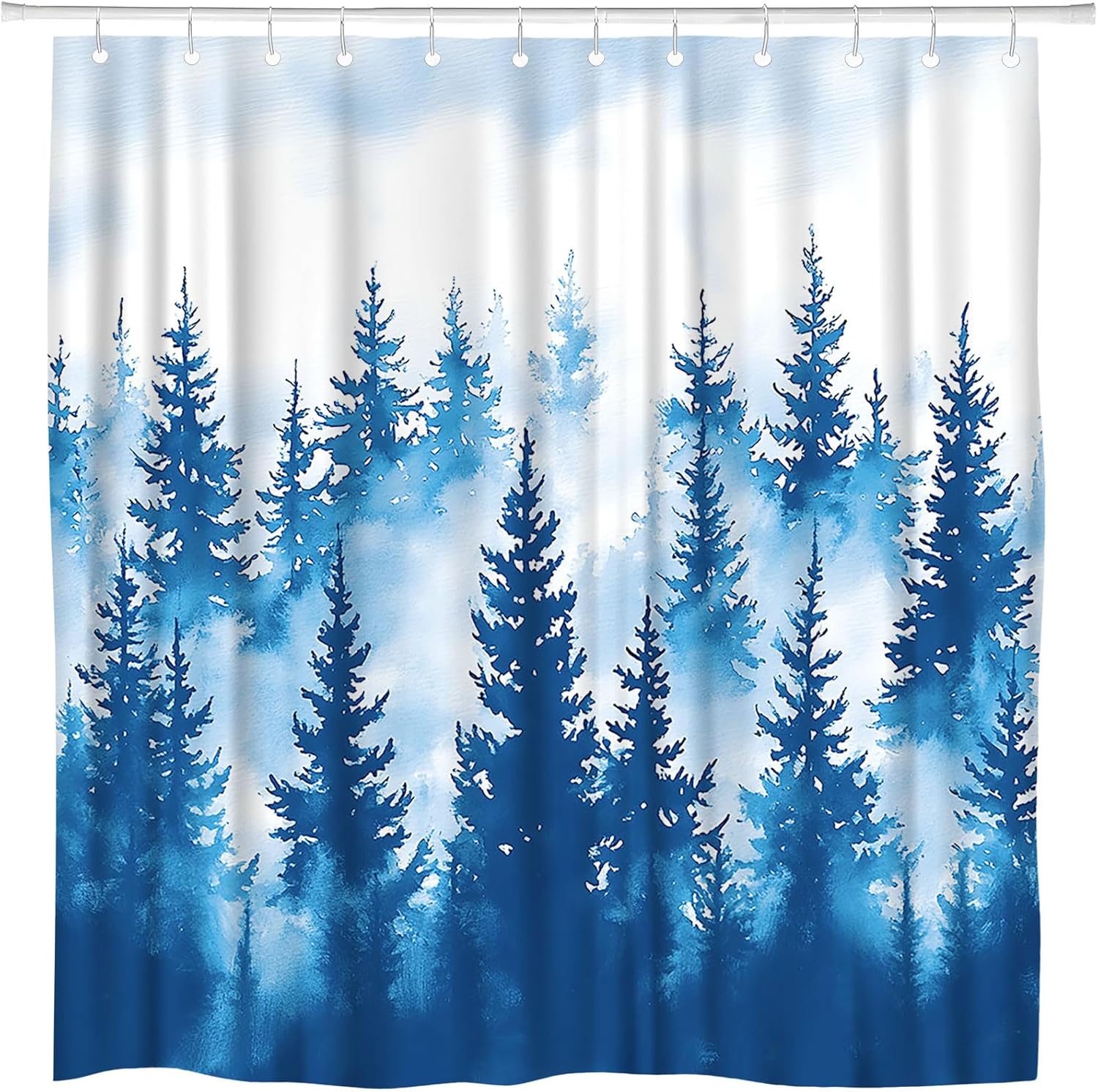 Misty Forest Blue Shower Curtain Ombre Abstract Foggy Jungle Mountain Rustic Mysterious Nature Scenery Landscape Bathroom Polyester Curtains Set with Hooks 70x84 Inch