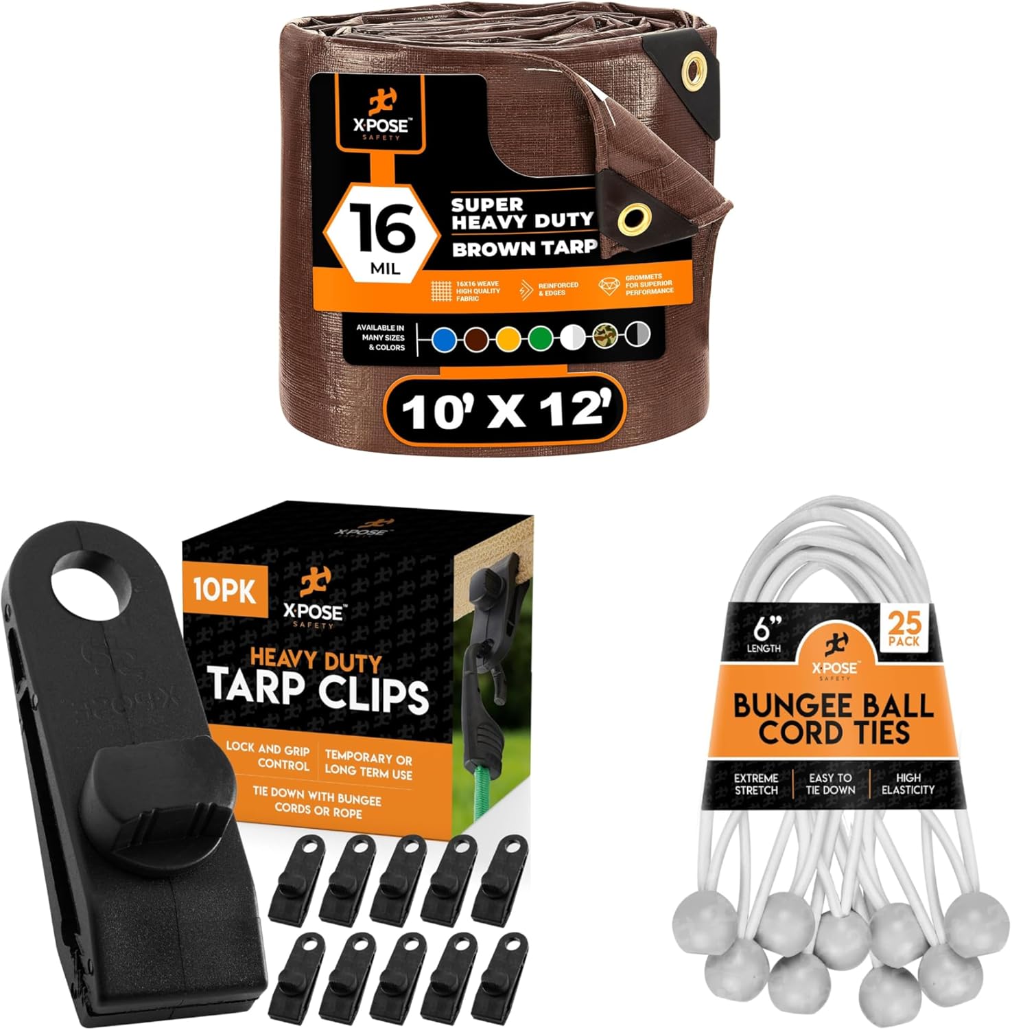 10' x 12' Super Heavy Duty 16 Mil Brown Poly Tarp Cover, 6" White Bungee Ball Cords (25 Pack), and Heavy Duty Tarp Clips (10 Pack) for Canopies, Tarps, Camping, and More – Xpose Safety