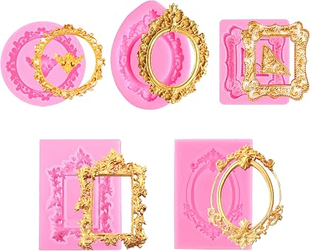 5 Pack Photo Frame Fondant Molds,Picture Frames Silicone Mold Vintage Frame Molds, Baroque Style Air Dry Clay Molds,For Cake Decorating Cupcake Topper Chocolate Candy Polymer Clay Baking Desserts