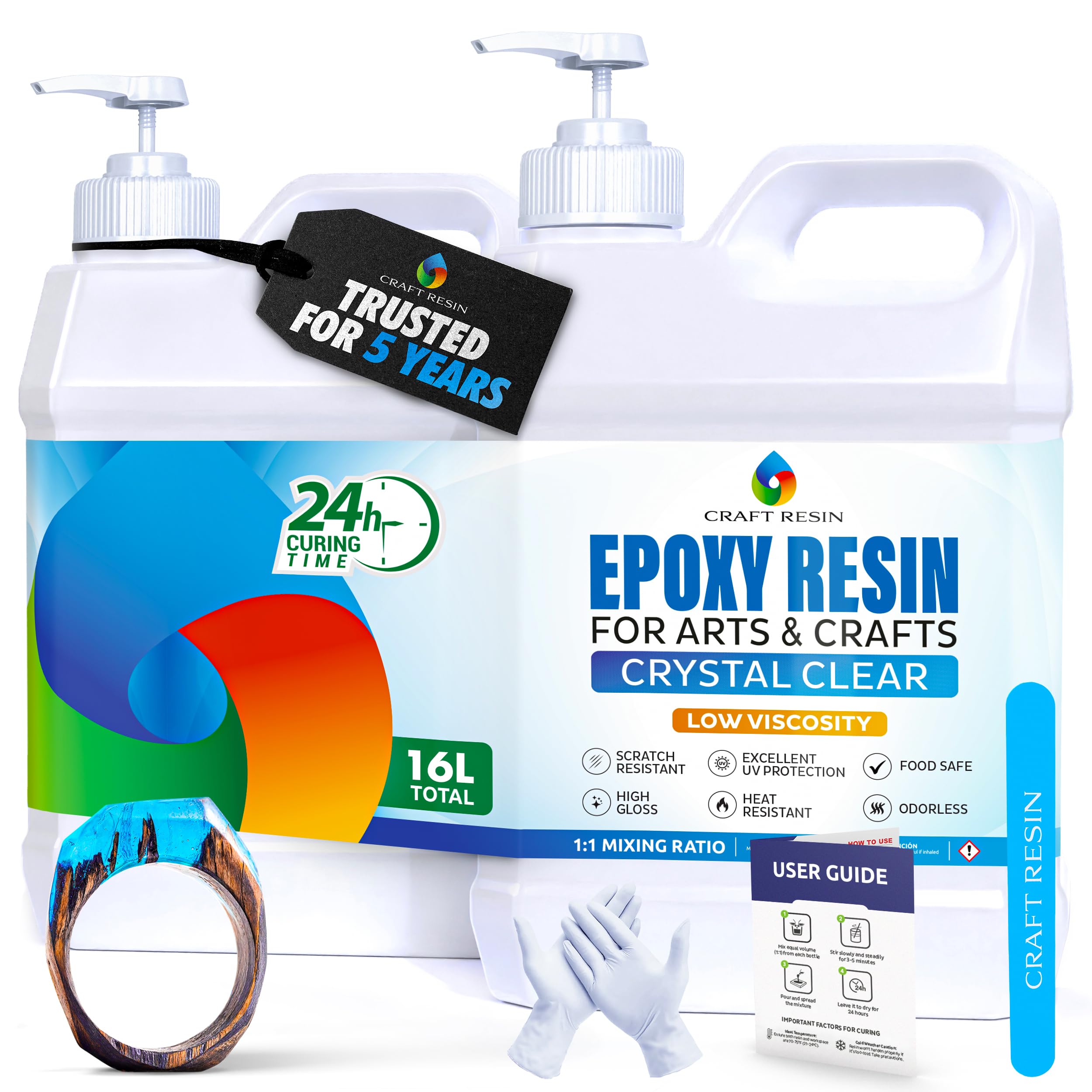 Craft Resin16L Epoxy Resin Kit - Crystal Clear Epoxy Resin Kit & Hardener for DIY Art, Mold Casting, Wood, Jewelry Making, Coasters, Table Top, Countertop Coating - Food Safe, Heat & UV Resistant