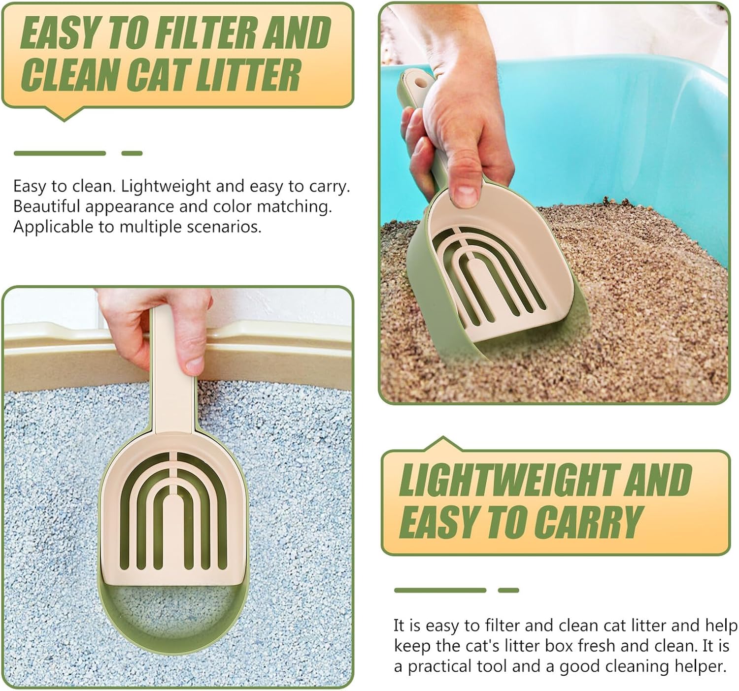 Portable Cat Litter Scoop Multifunctional Green Plastic Pet Poop Shovel for Cat Litter Box Cleaning Supplies
