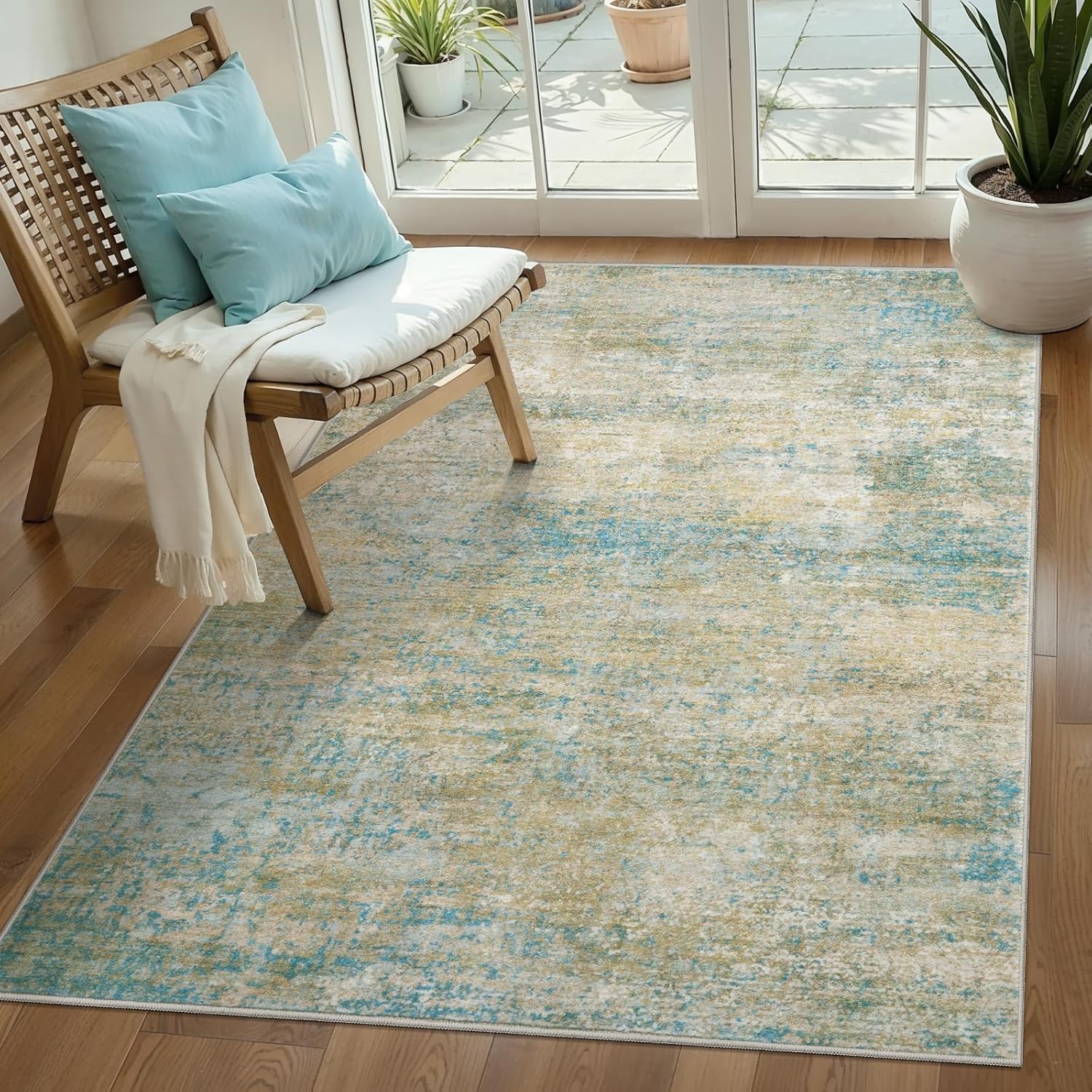 Tangsoo Abstract 3x5 Area Rug, Washable Non Slip Indoor Rugs, Modern Accent Rug Print Small Carpet, Contemporary Soft Low Pile Rugs for Living Room Entryway Dorm Bedroom Bedside Blue/Green/Beige