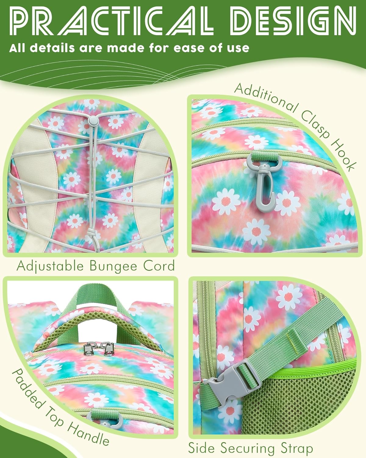 BLUEFAIRY Middle High School Backpack for Teen Boys Girls Large College Bookbag with Laptop Sleeve Back to School Book Bags Mochilas Escolares para Niños Niñas Adolescentes (Green, Floral)