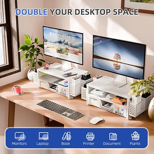 Miniatura 5 de Simple Trending Soporte de monitor de metal de 2 niveles para monitor y organizador de escritorio de computadora con cajón y soporte para bolígrafo