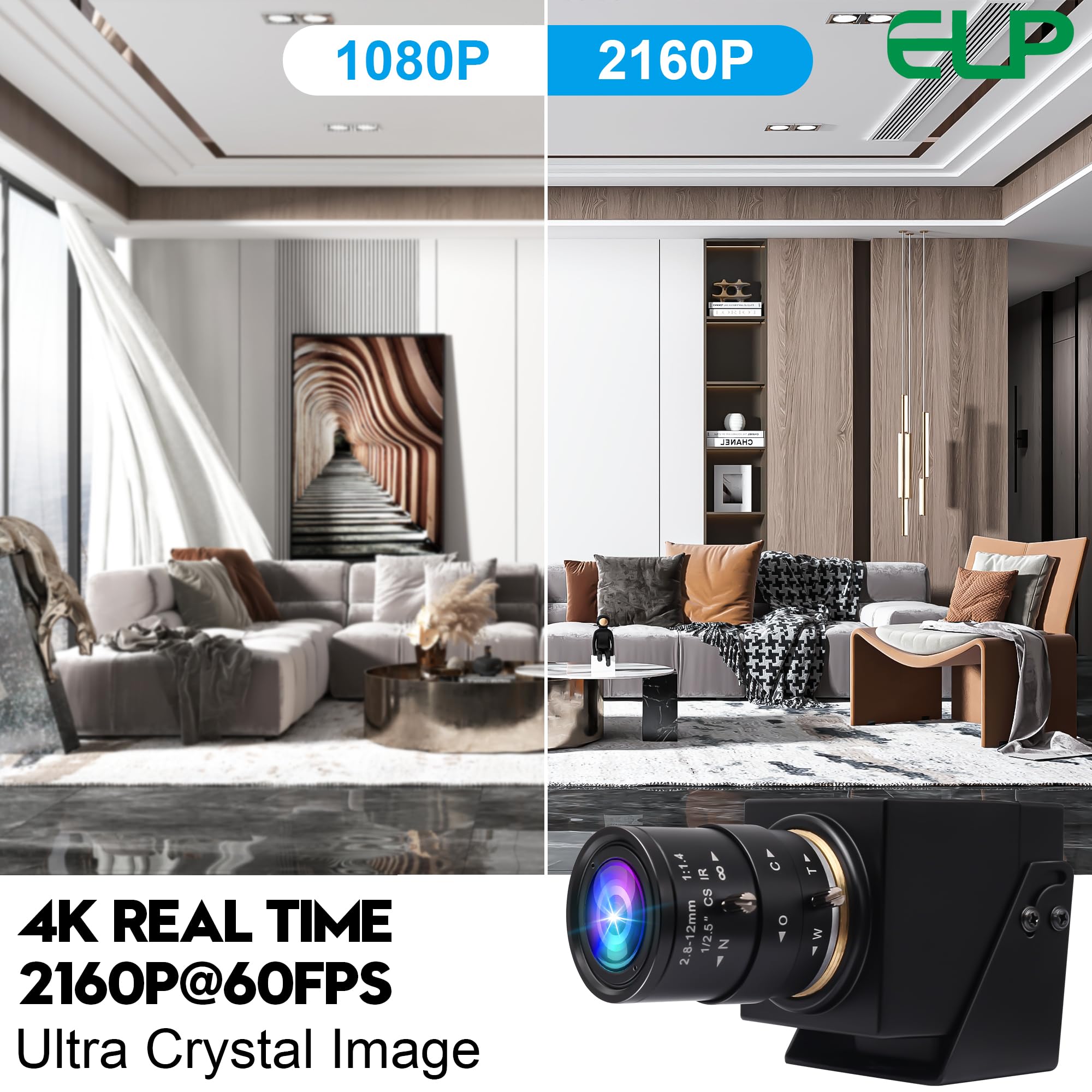 ELP Webcam USB 3.0 4K 60fps - Uscita HDMI per TV/Monitor - Zoom Manuale - Videoconferenza PC Camera ad alta velocità - Messa a fuoco variabile H.264