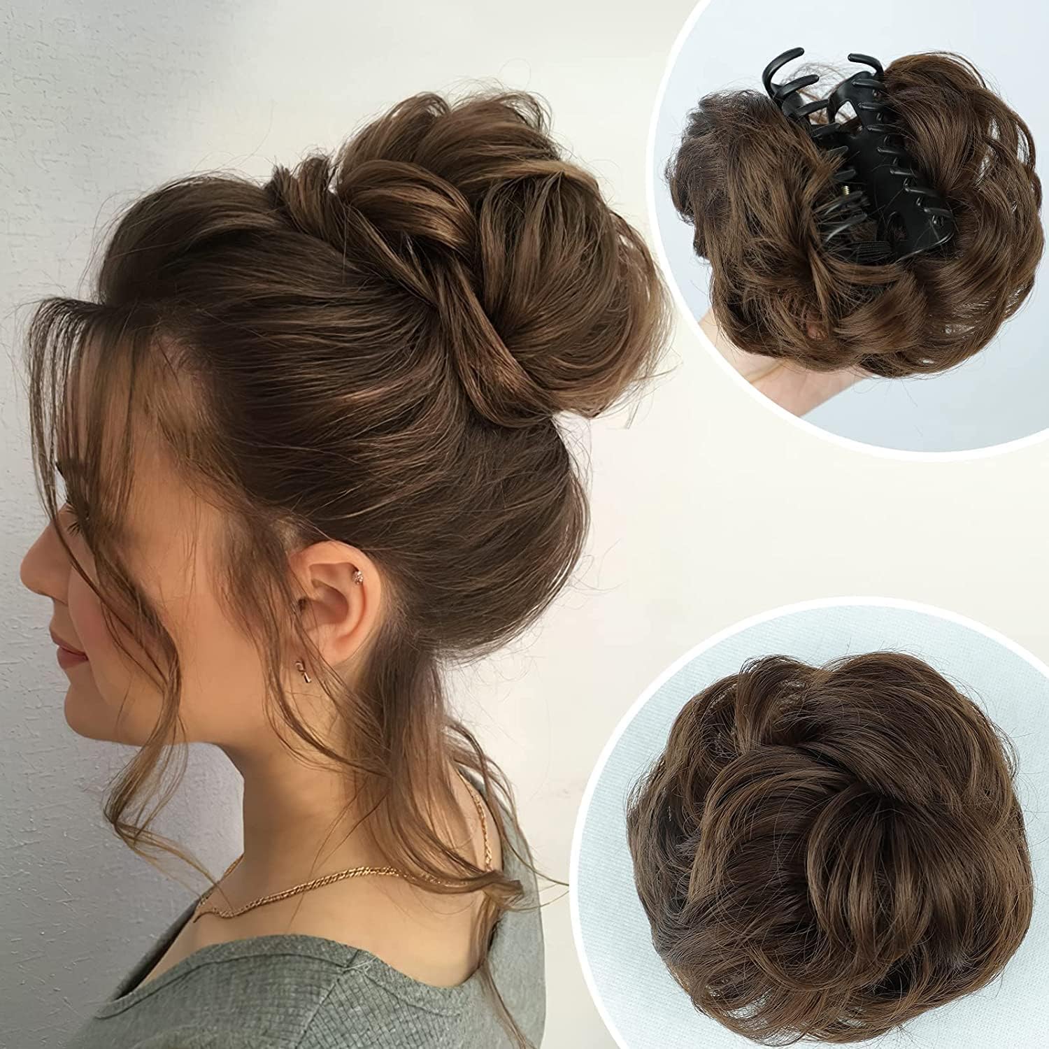 Claw Clip Messy Bun Hair Piece - Synthetic Human Brown Hair Buns Wavy Curly Chignon Extensions for Tousled Updo - Ponytail Hairpieces Scrunchie With Clip for Women, BROWN-image-19