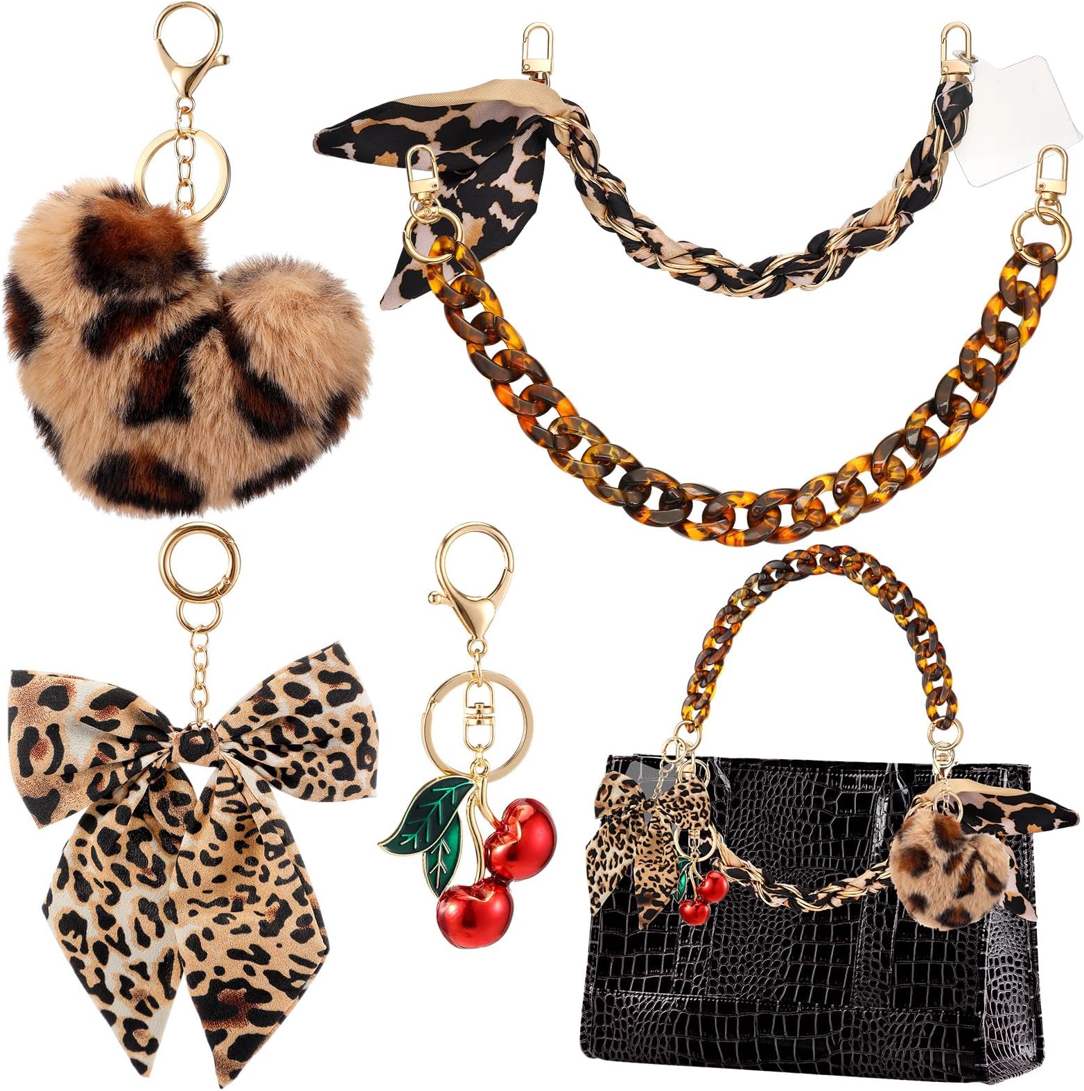 5 Pcs Leopard Print Bag Charms Keychains Cheetah Extender Chains Heart Pom Keychain Cherry Bag Charm for Purse Handbags Tote Accessories