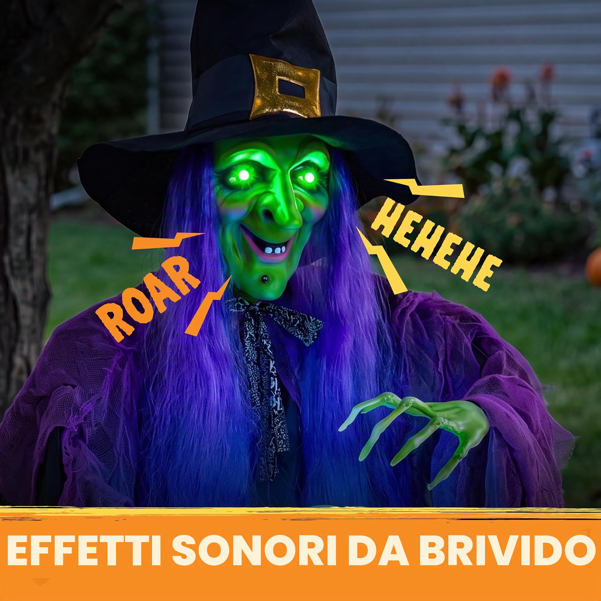 JOYIN 78"Decorazione Strega Appesa Halloween con Palla Magica,Strega Parlante Animata Appesa con Occhi Luminosi e Suono per Decorazioni Prato Casa Stregata Halloween