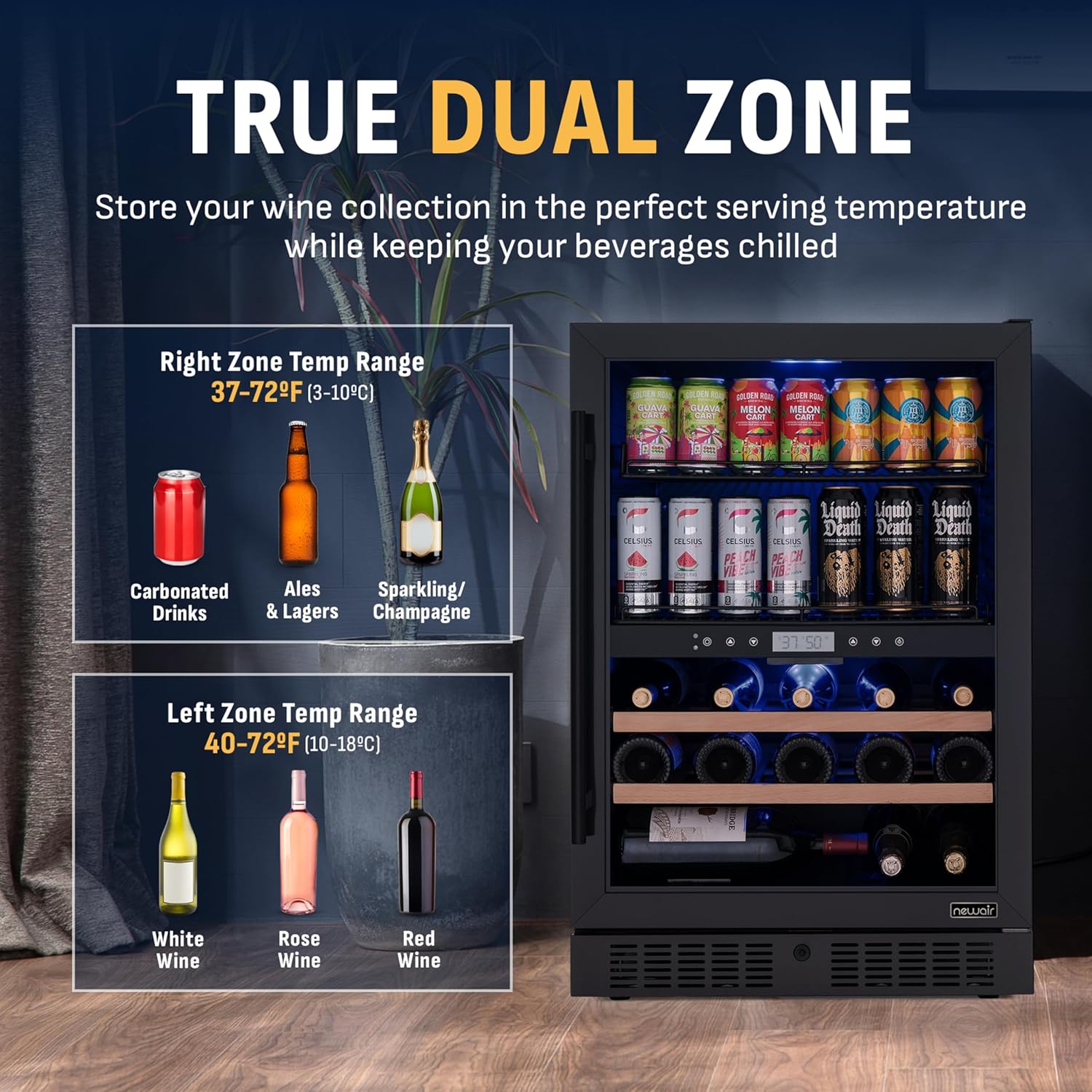 True Dual Zone Temperature Ranges for Beverages and Wine
