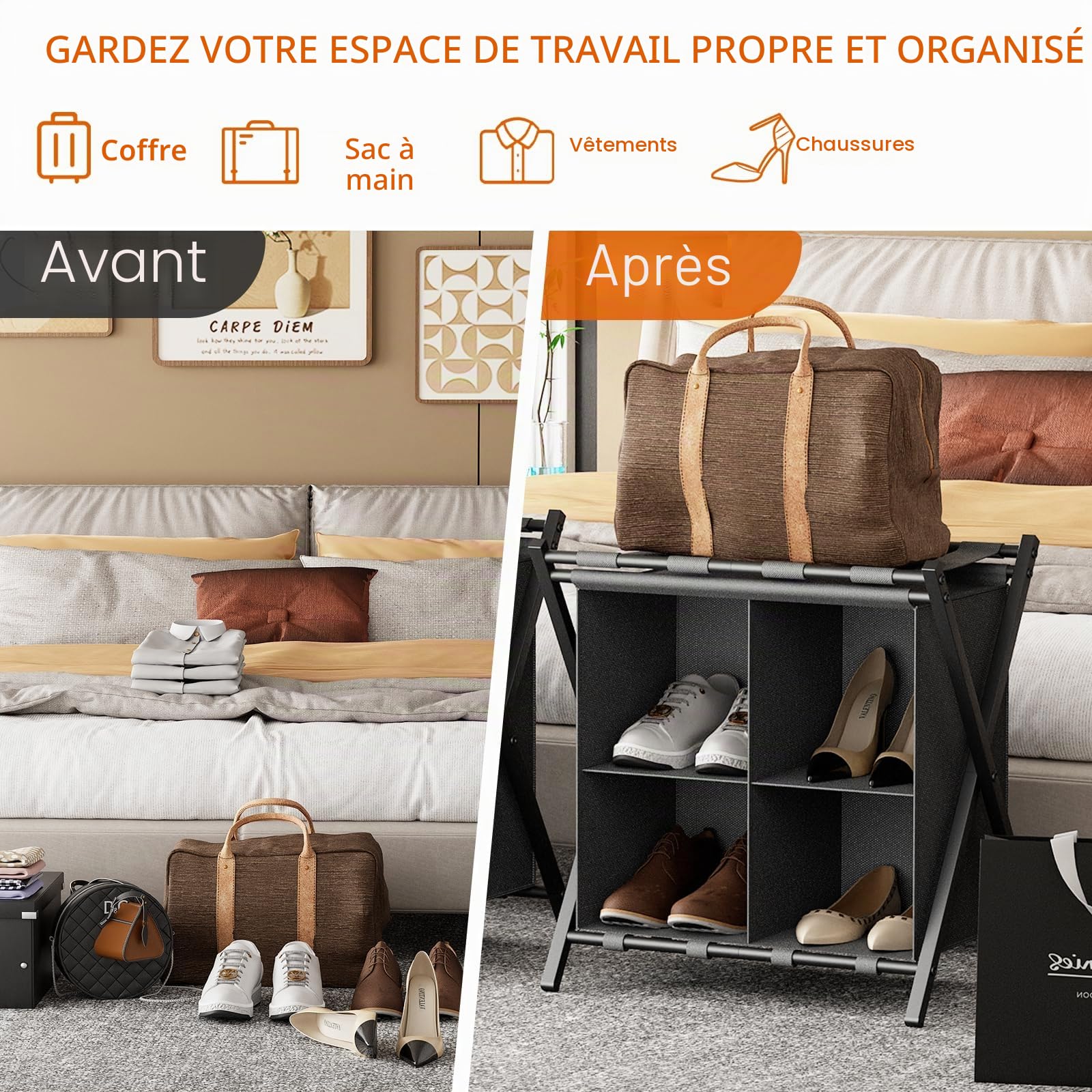 Support de valise, porte-bagages, porte-bagages pliable, avec compartiments de rangement, pour chambre d'amis, chambre à coucher, hôtel, bagages (noir)