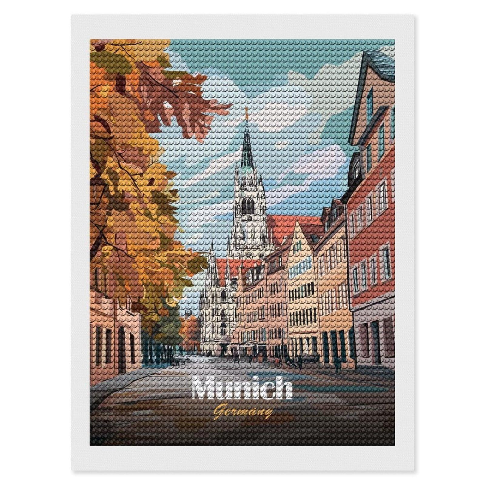 Junmoney Munich Cityscape Illustration DIY Diamond Art Canvas Kit 12"x16", Simple to Start, Fun Craft Experience, Modern Decor, Gift Idea, Adhesive Canvas