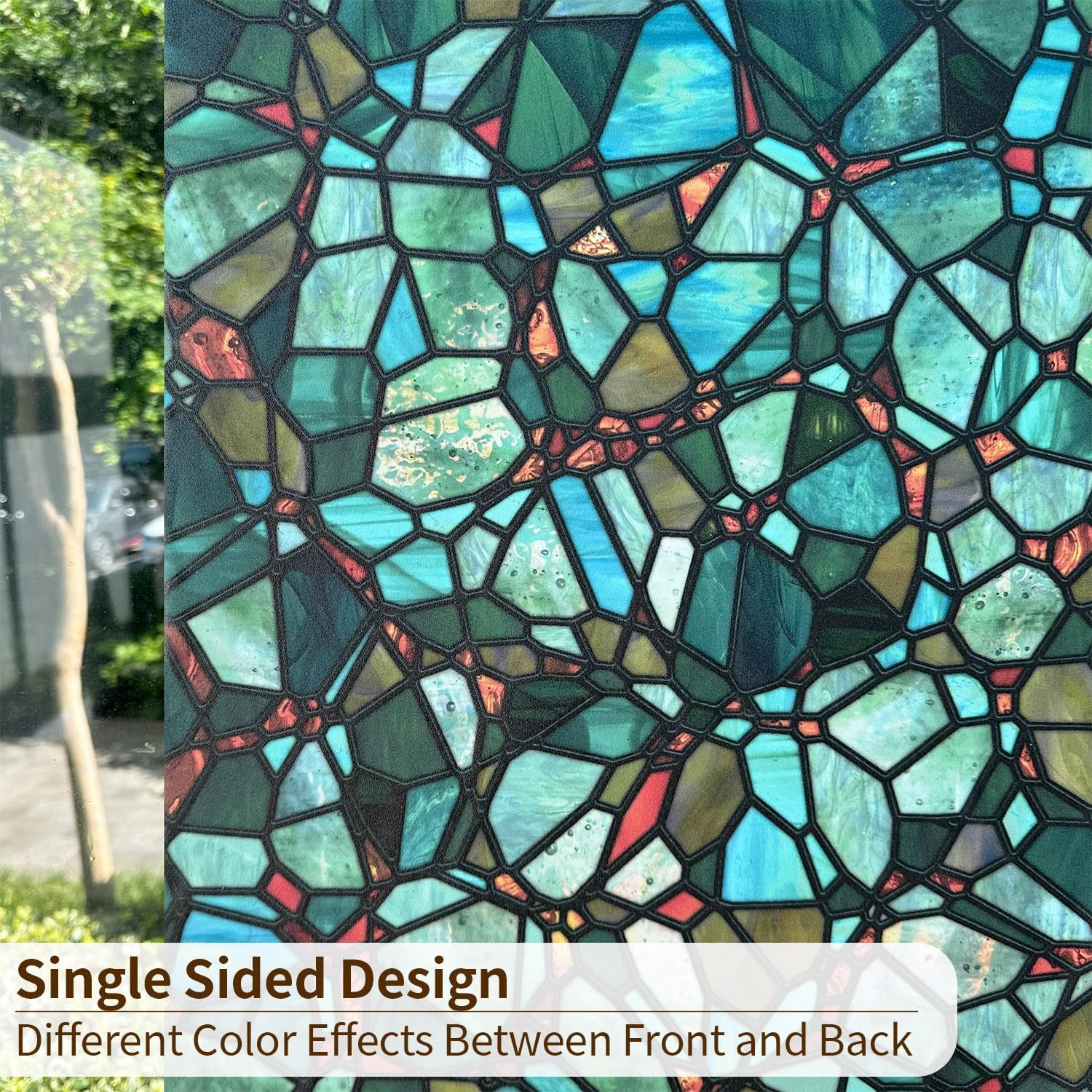 funlife Original Hand-Drawn Privacy Stained Glass Window Film, Single Sided Static Cling Window Cling Suitable for Entryway, Reusable Glass Windows Door Decor, Pine Cobblestones, 16.93