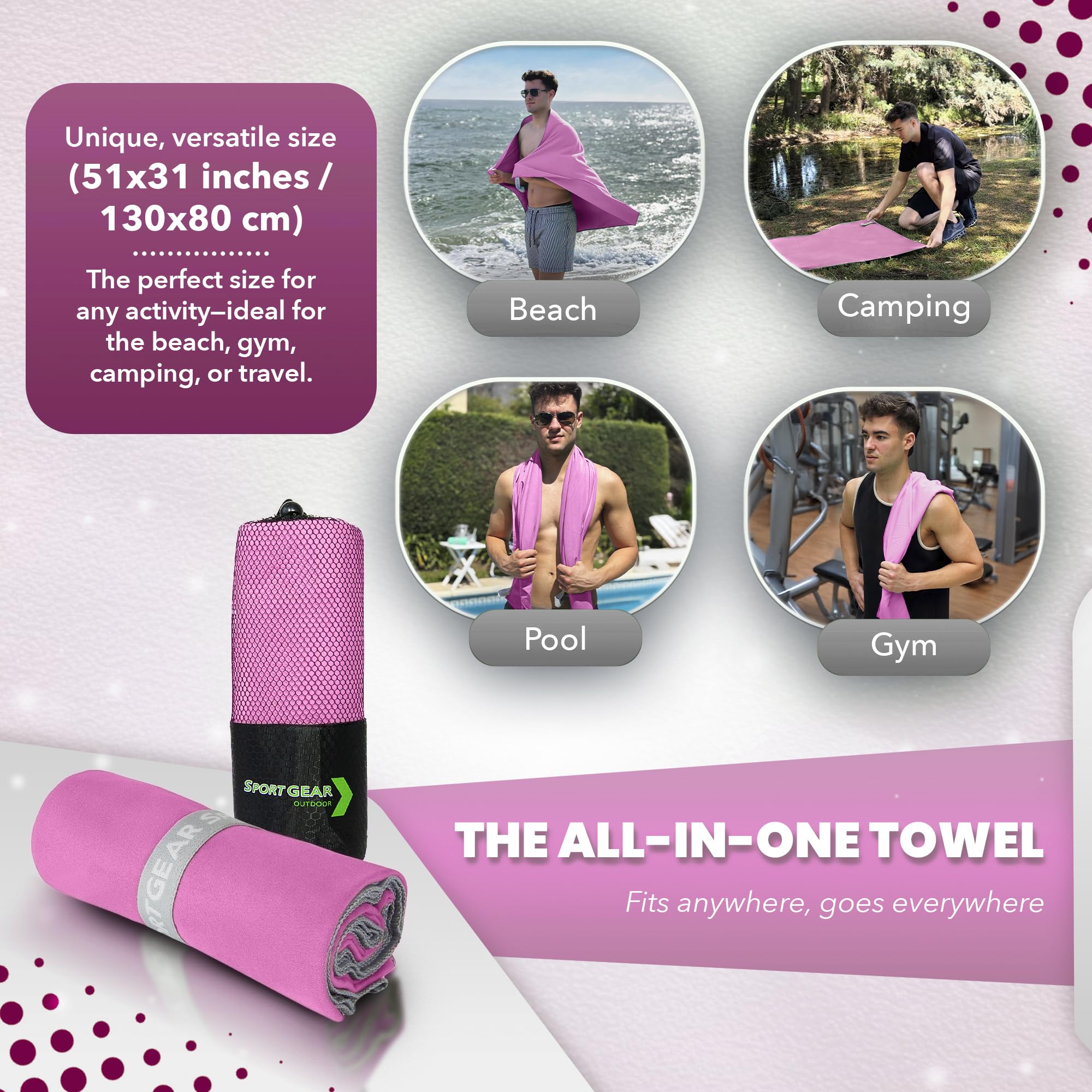 SPORT GEAR Quick Dry Camping & Travel Towel-Microfiber Travel Sports Towel, Microfiber Beach & Gym Sweat Towels For Men & Women Body, Travel Towels Fast Drying Lightweight, Quick Dry Towels For Travel