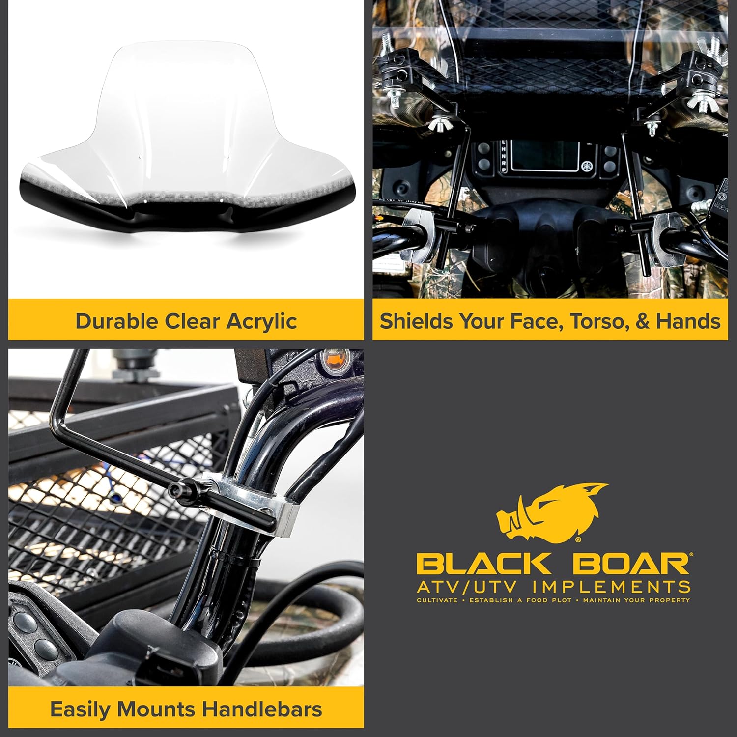 Black Boar ATV Windshield w/Hardware - Features Wrap-Around Design that Shields Hands - Crafted of Heavy Duty Clear Acrylic - Easily Mounts onto Handlebars to Deflect Wind, Rain, Mud & Insects (66031)