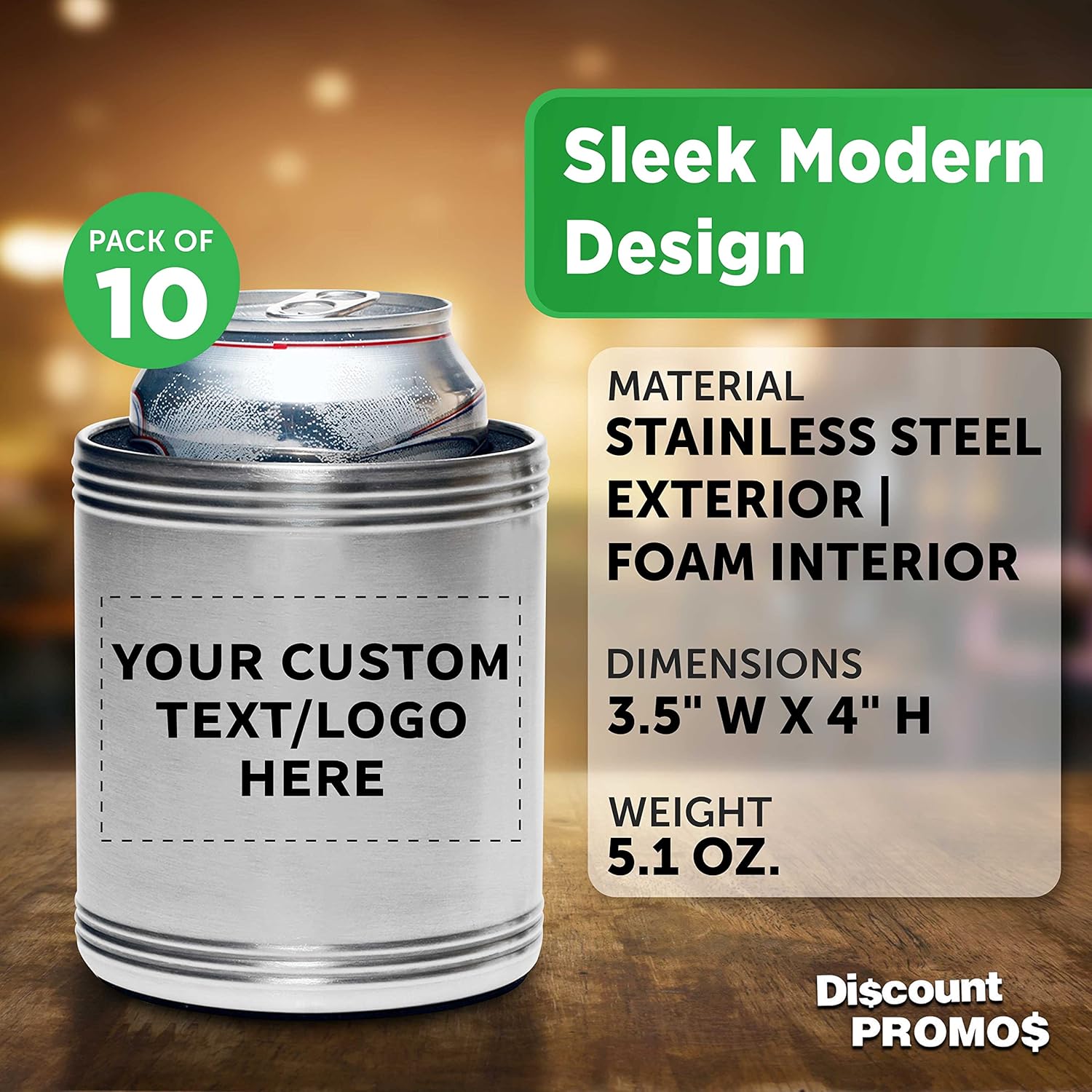Custom Stainless Steel Can Coolers Set of 10, Personalized Bulk Pack - Great for Beer, Soda, Other Beverages - Silver