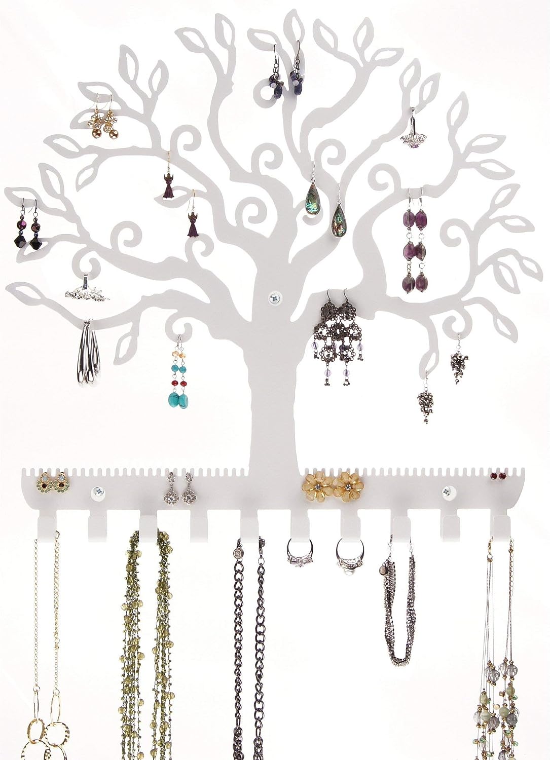 Angelynn's Multi-Purpose Wall Mount Jewelry Holder Organizer Storage Rack, Tree of Life White