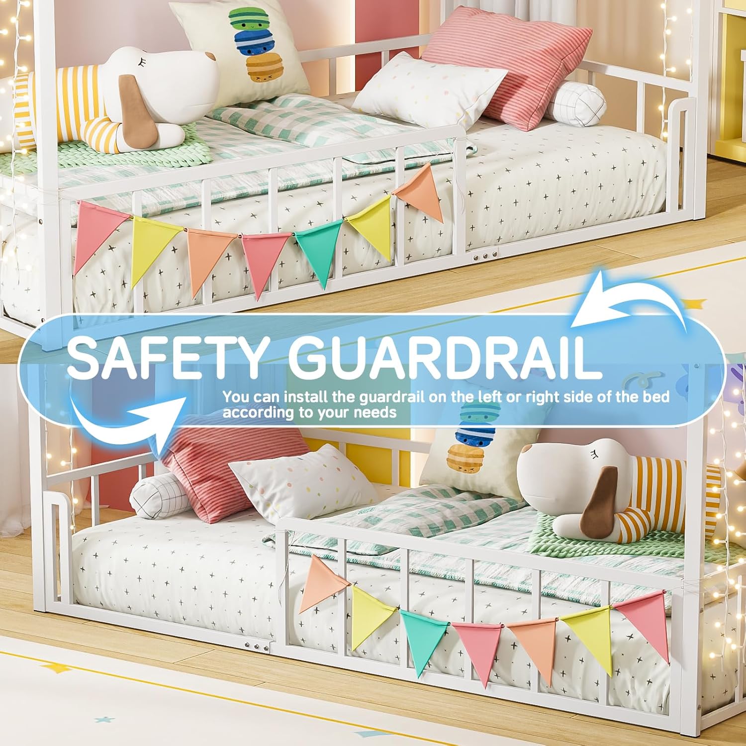 Timy Twin Size House Shape Bed Frame Montessori House Bed with High Rails 1 Safe Opening Gate