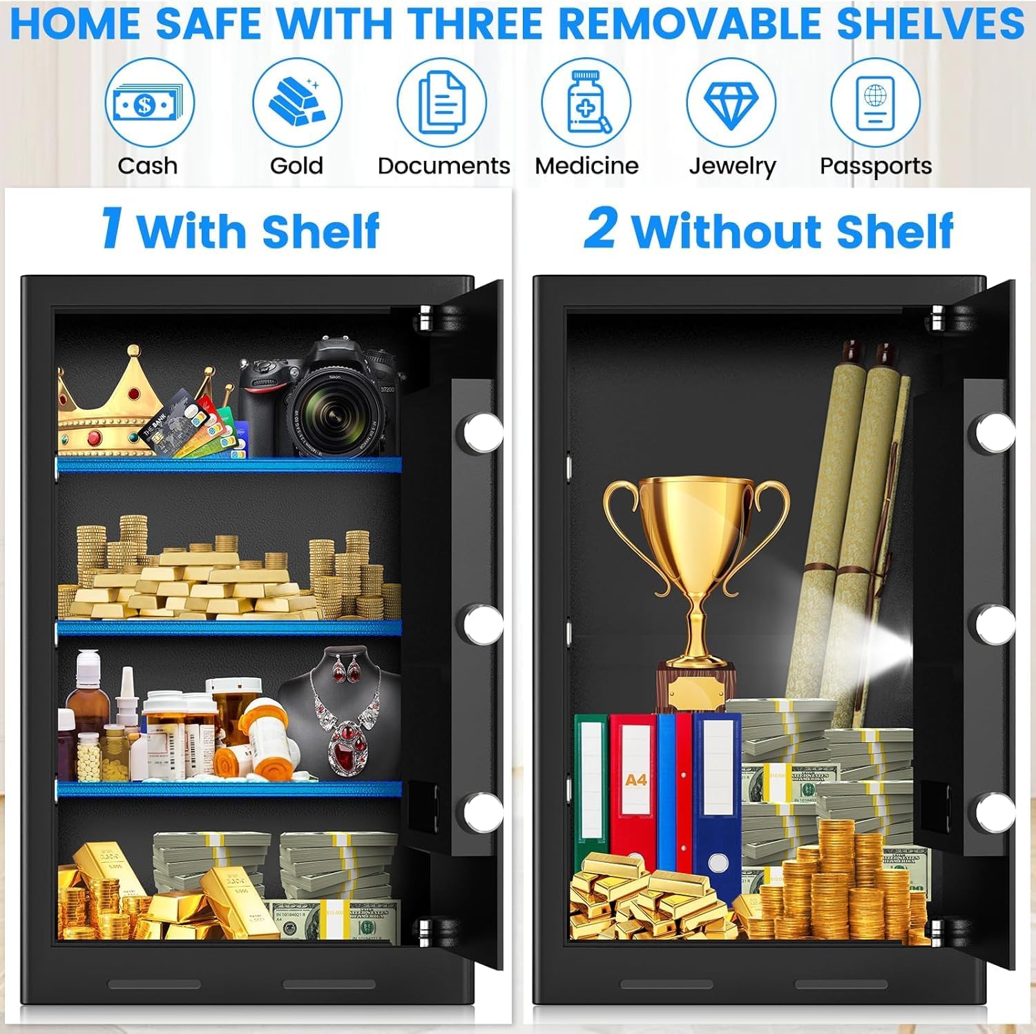 Pisleto Home Safe interior demonstrating removable shelves for flexible storage.