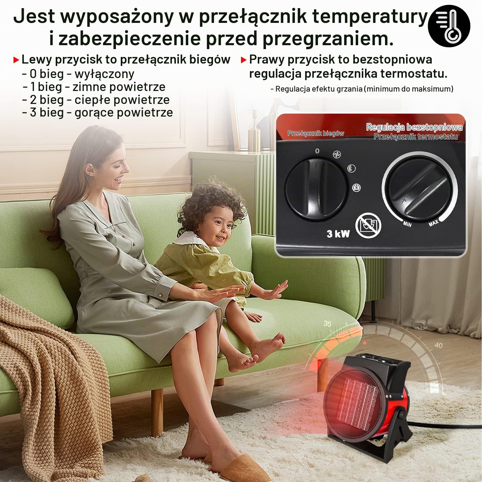 ACXIN Grzejnik elektryczny PTC 3000 W, konstrukcja z regulacją kąta, 4-stopniowy termowentylator, ceramiczne ogrzewanie do garażu na plac budowy
