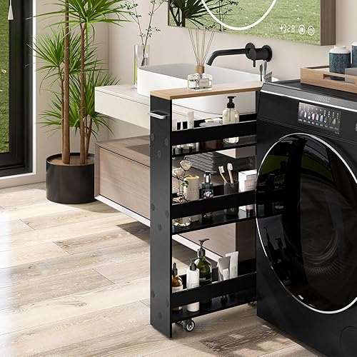 Miniatura 3 de LOKO Carrito de almacenamiento delgado, carrito rodante de 4 niveles con asa y parte superior de madera para cocina, baño, lavandería, sala de