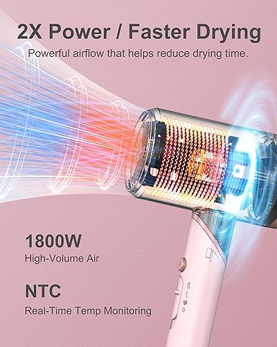 Miniatura 2 de Hair Dryer with Comb 1800W Blow Dryer with Diffuser for Curly Hair Plasma Ionic Hairdryer for Frizz Control Foldable & Protable Design for