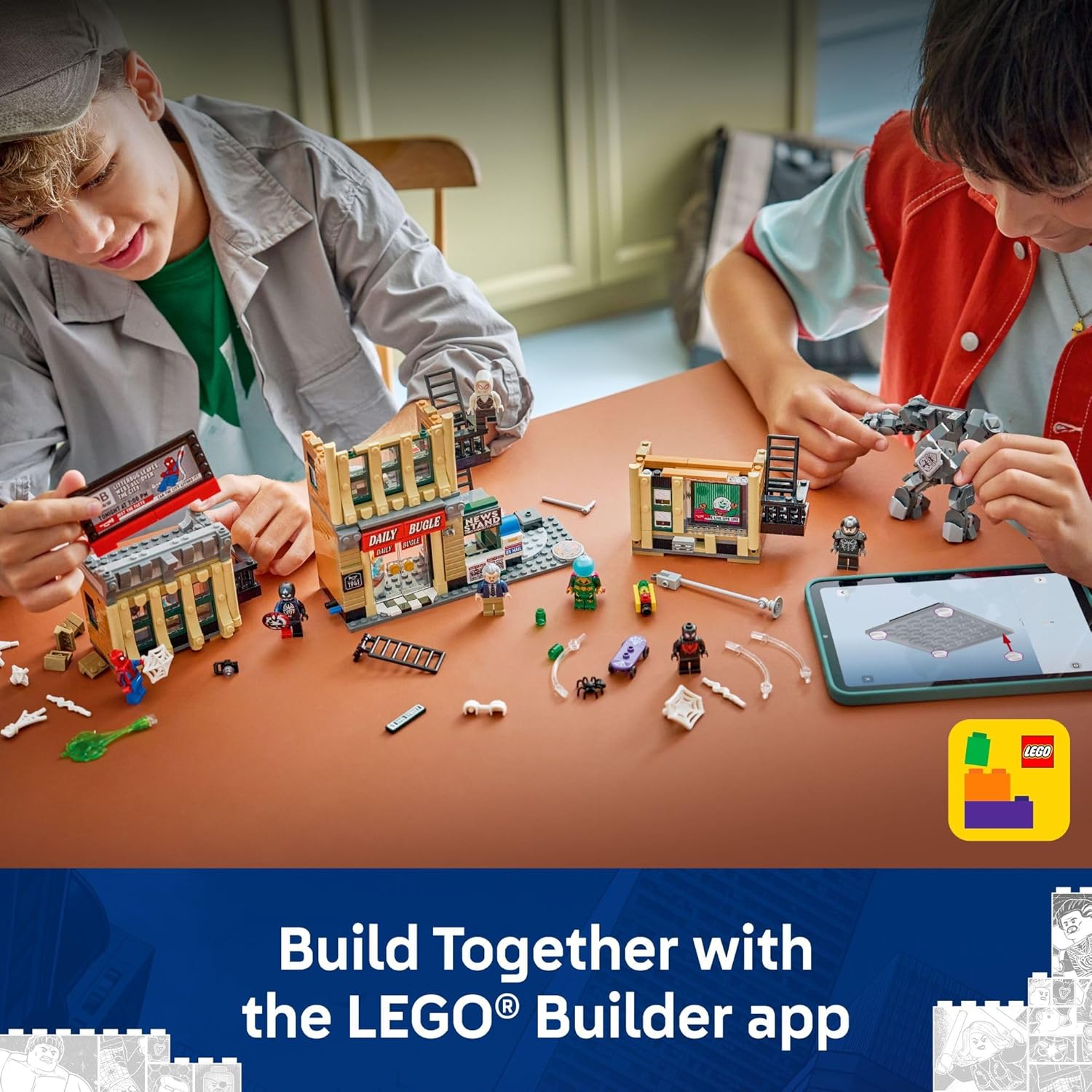 Two children building the LEGO Daily Bugle set using a tablet for instructions.