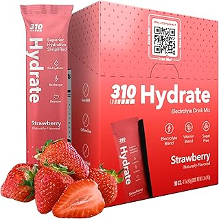 310 Nutrition Sugar Free Electrolytes Powder - Instant Hydration Packets for Daily Fluid Balance - Caffeine-Free Rehydration Drink Mix w/Vitamins, Low Calorie & Keto Friendly - Strawberry 30 Singles