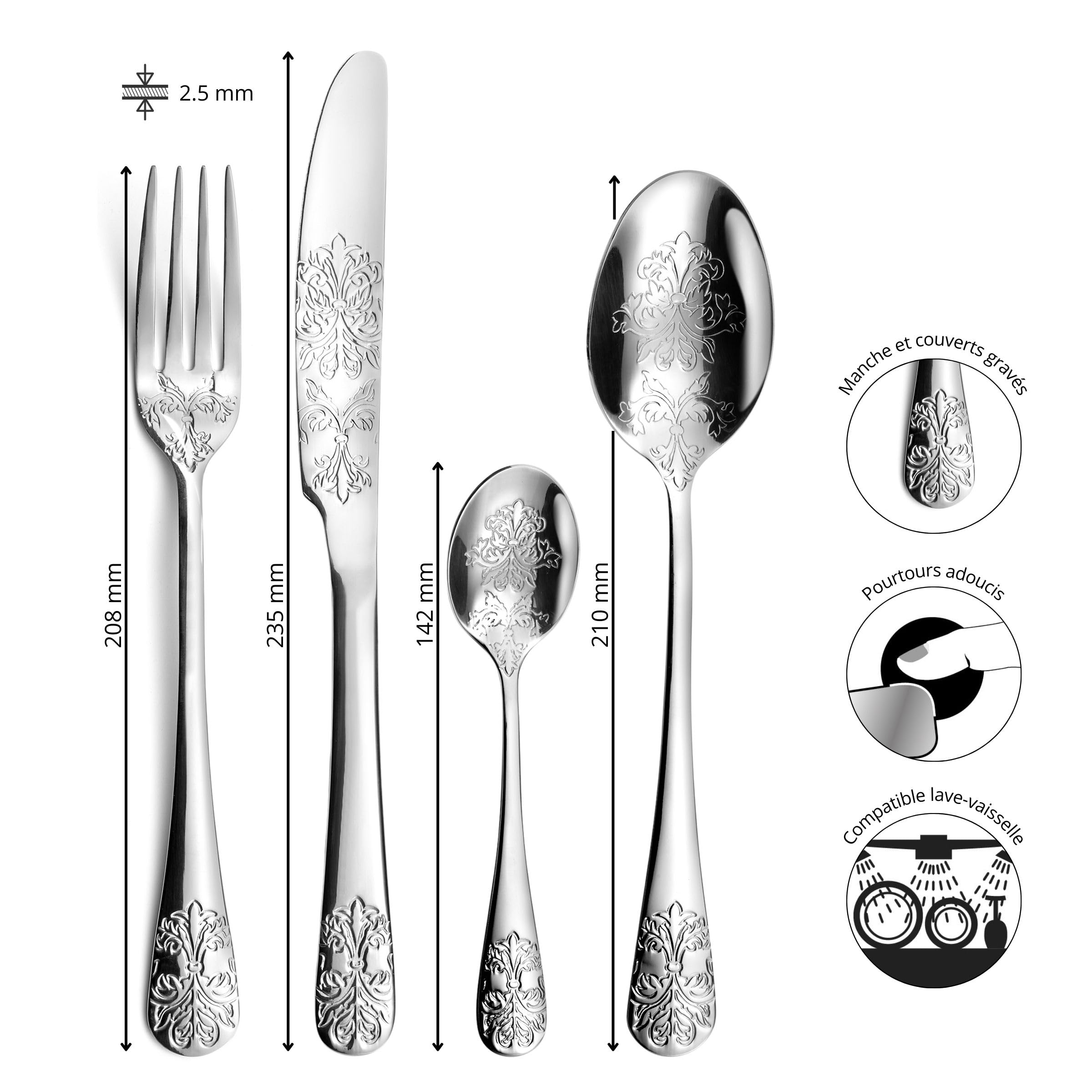 AMEFA - Ménagère 24 couverts de table pour 6 personnes - Cérémonial - Acier inoxydable 18/0, Finition Brillante