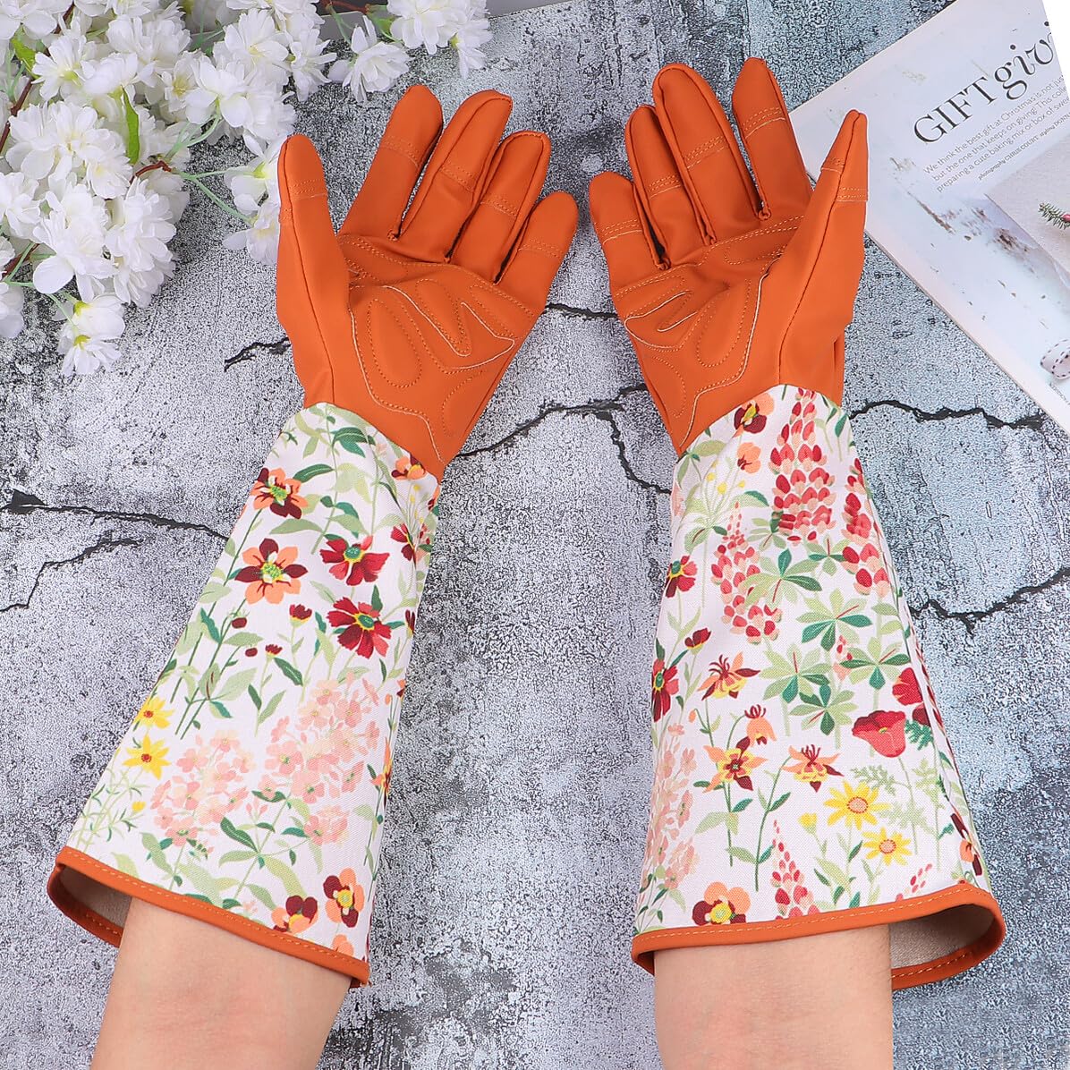 Gartenhandschuhe Leder Dornenfest mit Extra Langem Schutz Arbeitshandschuhe aus Polyester mit Flexiblem Design und Verstärktem Armschutz für Gartenarbeit