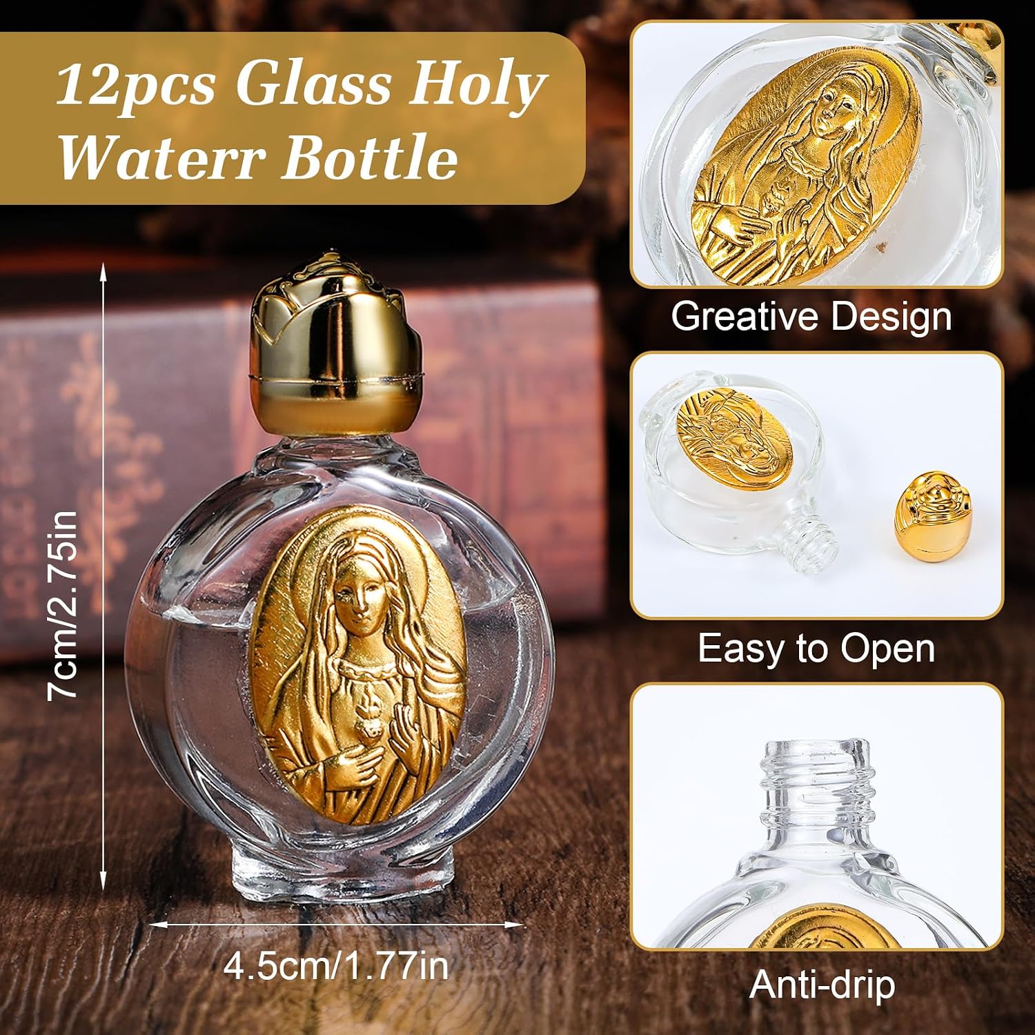 MAQUITA 12 Pcs Glass Holy Water Bottles 0.5 Floz Embossed Portable Glass Travel Bottles Girl Communion Church Gifts for Home Wedding Baptism Favors(Gold,Immaculate Heart of Mary)