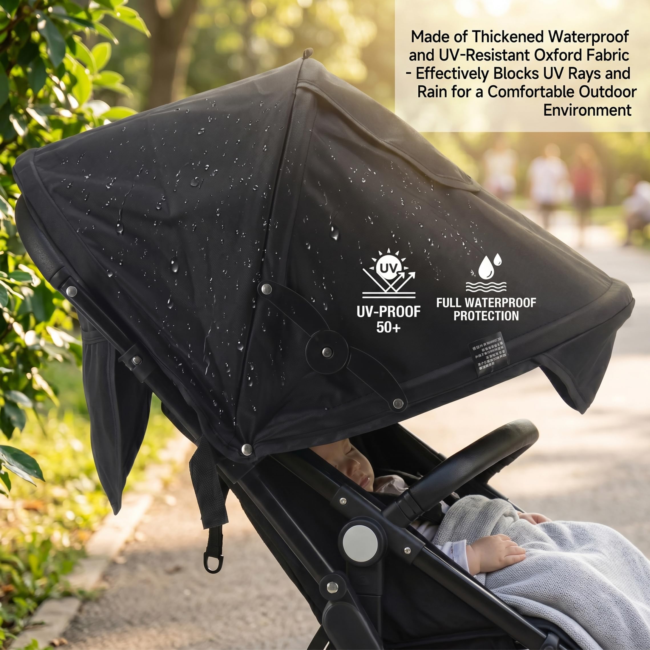 Pare-soleil pour poussette, pare-soleil Oxford imperméable et protecteur contre les UV avec fenêtre respirante et poche de rangement, adapté à la poussette -