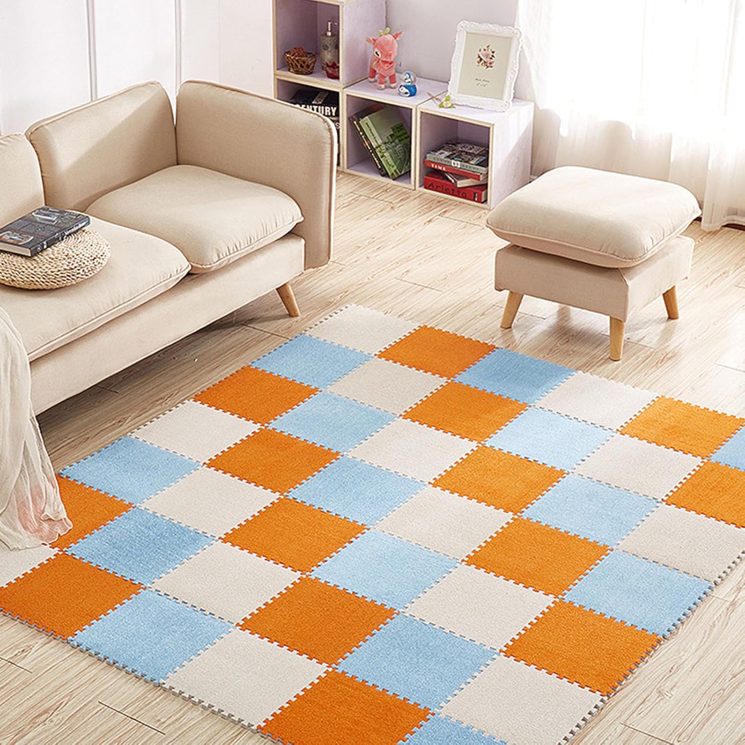 Foam Floor Tiles 16pcs 12x12in Interlocking Foam Carpet Tiles Mats EVA Fluffy Puzzle Mat 1cm Thickness Fuzzy Soft Square Play Rug Tiles for Home Decor(Color:Blue+Orang