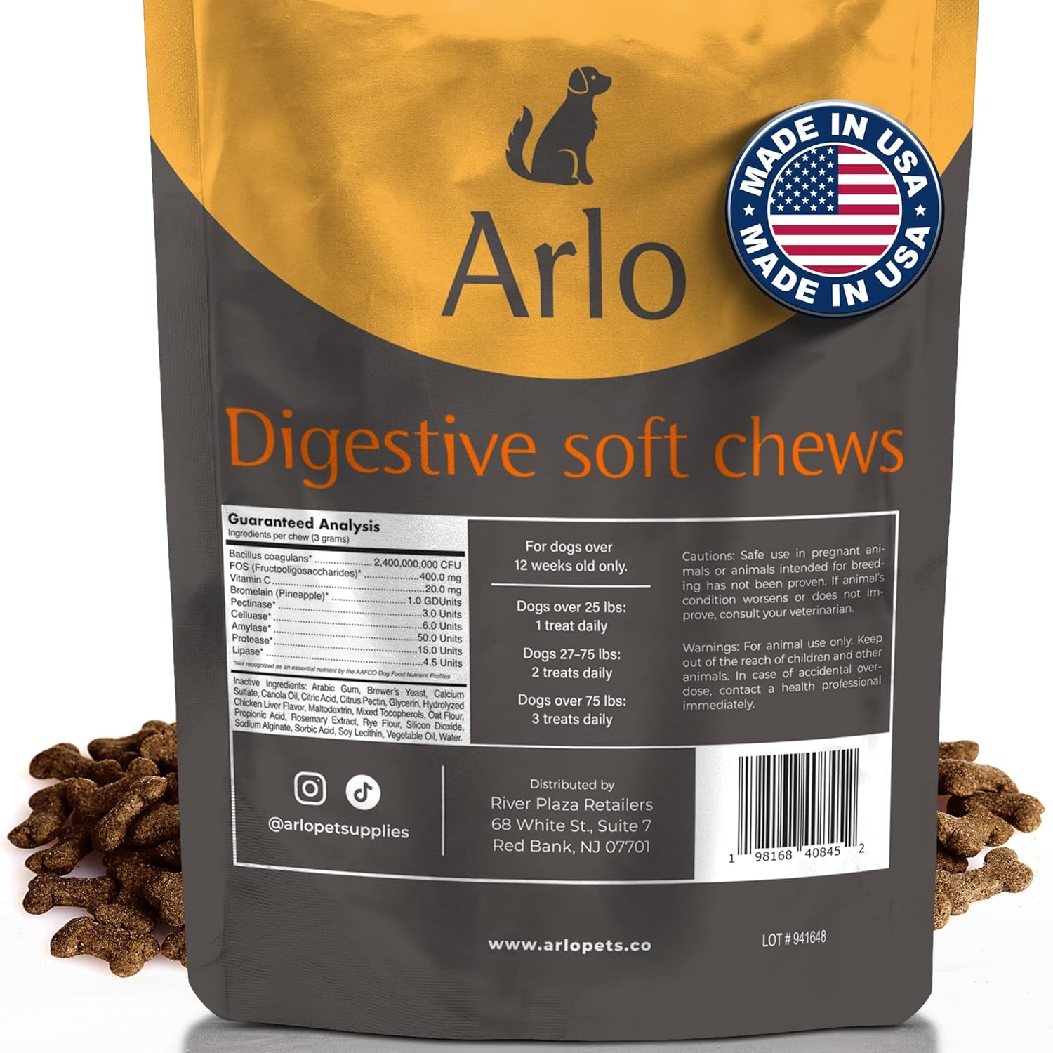 Arlo Pet Dog Digestive Supplement - 60 Soft Chews with Pre and Probiotics, Digestive Enzymes for Dogs, Organic Pet Treat with Vitamin-C, and 2.4B CFU Bacillus Coagulans