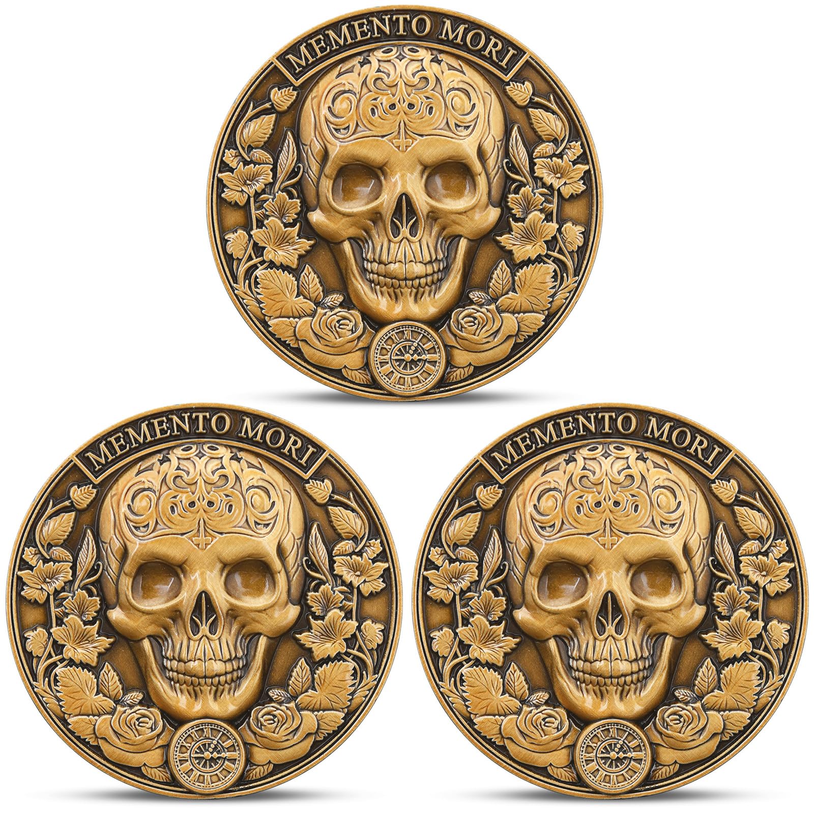 3 Pack-Memento Mori Coin - Skull & Tree of Life Design, Memento Vivere Theme, Display Case Included, Ideal for Enthusiasts and Gifts (Single Coin)