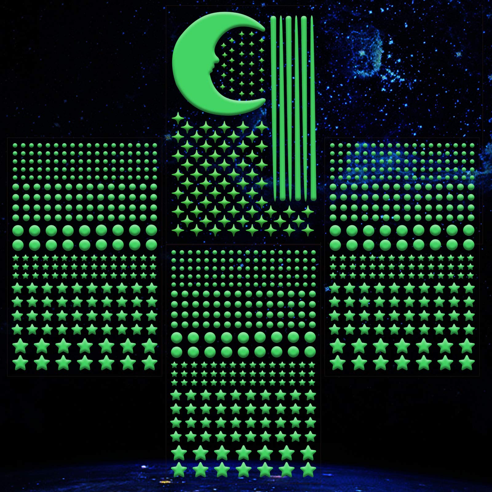 sticro Self-Adhesive 3D Glow in The Dark Stickers, Glowing Moon, Dots, Stars and Shooting Stars Total 896 pcs for Kids Bedroom Decor, Luminous Ceiling Decal Create a Realistic Starry Sky