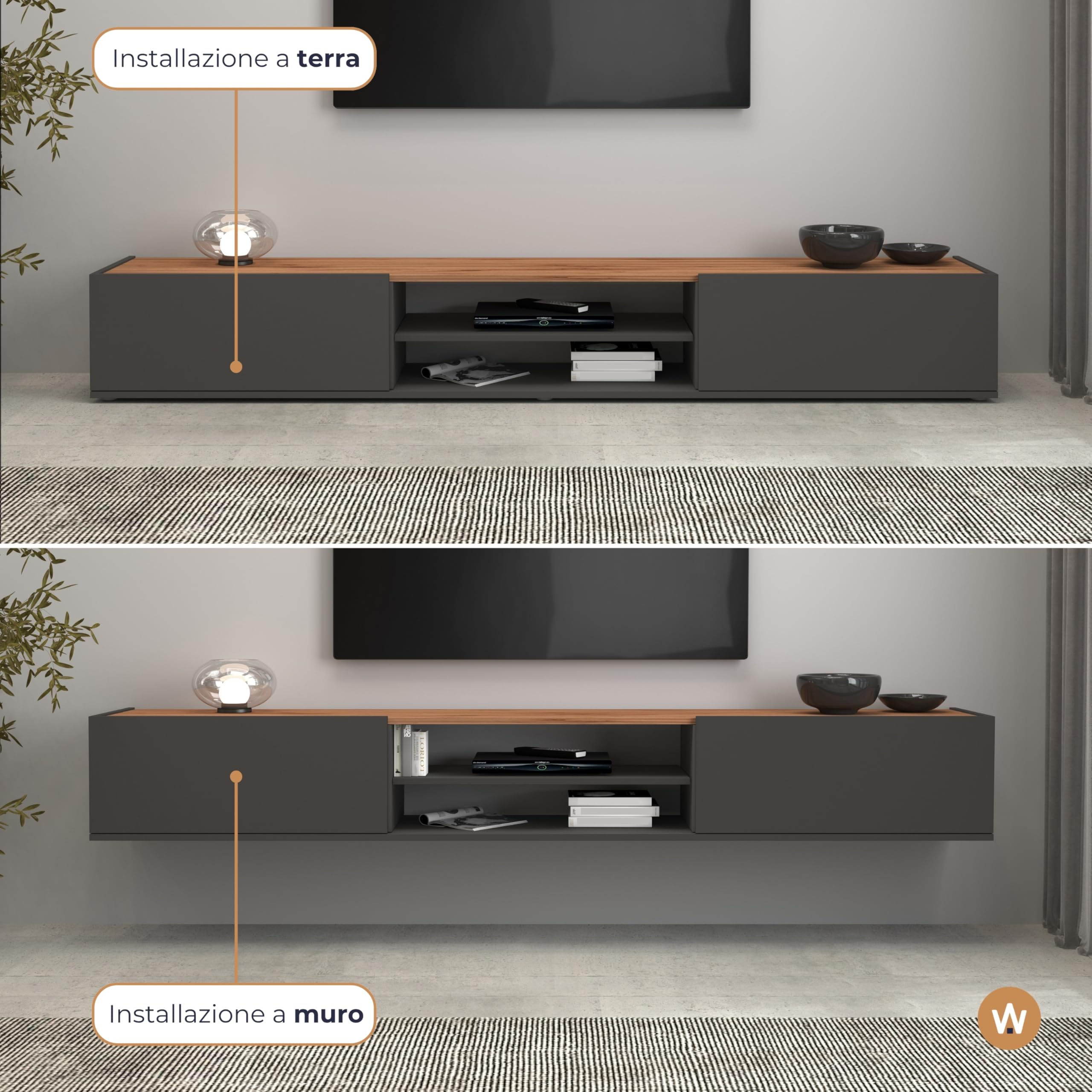 WHOUS Mobile Porta TV Sospeso GARDA per Soggiorno con 2 Ante a Ribalta e 1 Ripiano Centrale, Mobile Tv a Parete per Salotto, 210x35x30 cm, Antracite Opaco e Rovere
