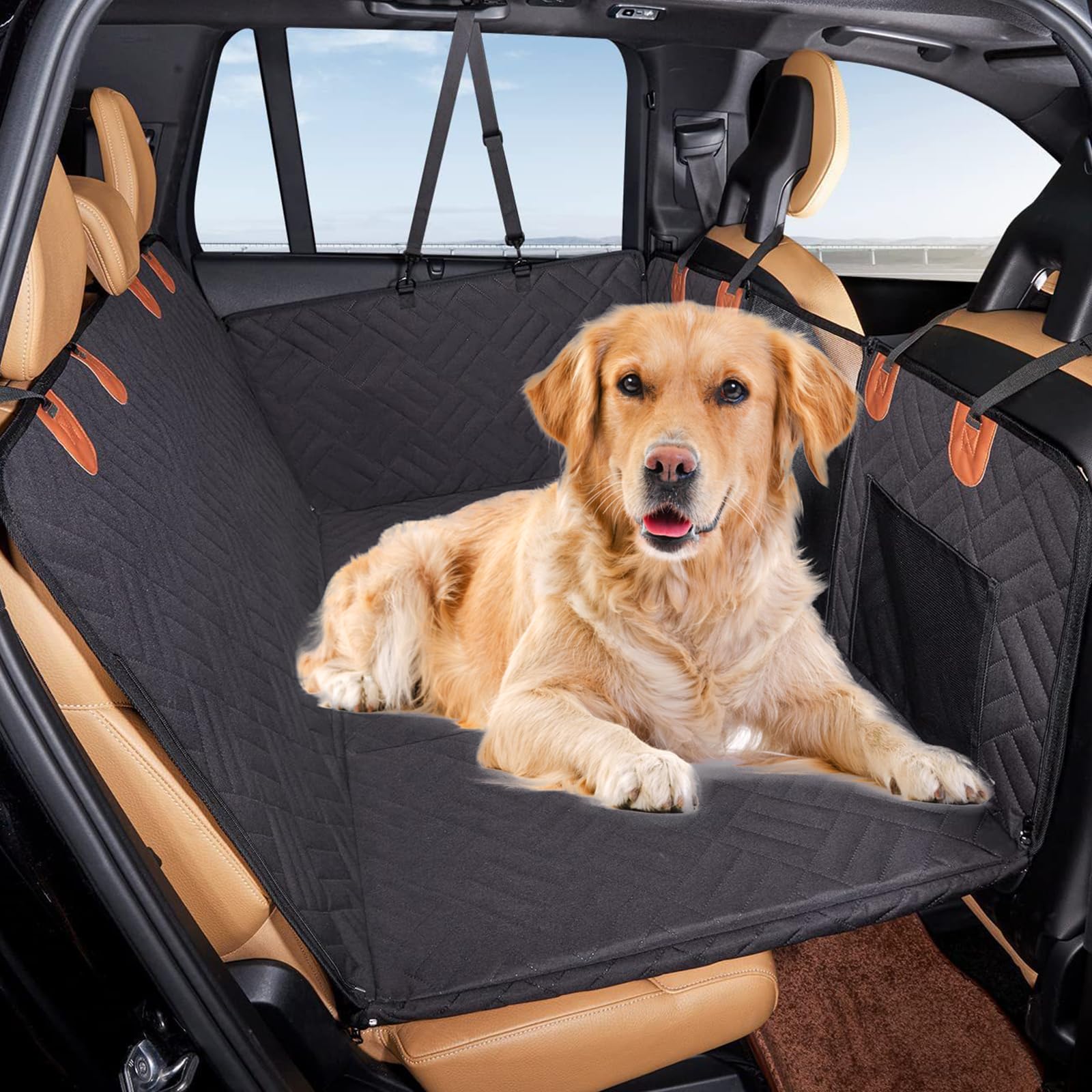 Funda Coche Perro Base Rigida, Protector Asiento Coche Perro Asiento Trasero Resistente Y Impermeable con Ventana De Malla Visible, Bolsillo Adecuado para Mayoría De Coches,Negro