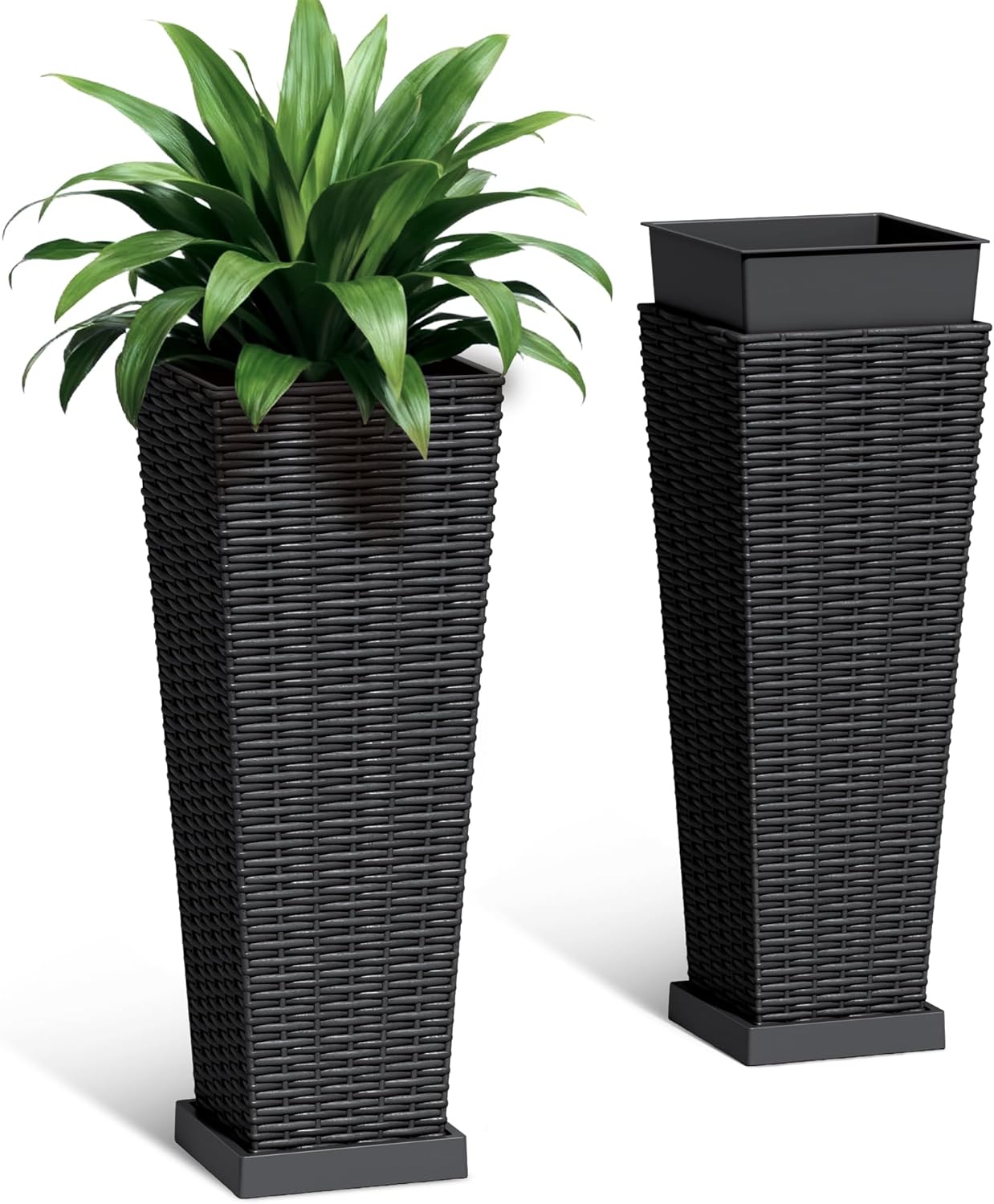 Set of 2 24 Inch Tall Plastic Planters with Drainage Saucers, Rattan Pattern UV Resistant Indoor Outdoor Flower Pots for Patio Garden Balcony Decor, Black