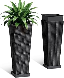 Set of 2 24 Inch Tall Plastic Planters with Drainage Saucers, Rattan Pat...