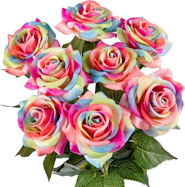Whaline 8Pcs Valentine's Day Rainbow Artificial Rose Flower Real Touch Rainbow Artificial Silk Rose Flower Fake Roses for DIY Bouquets Wedding Party Baby Shower Home Decor