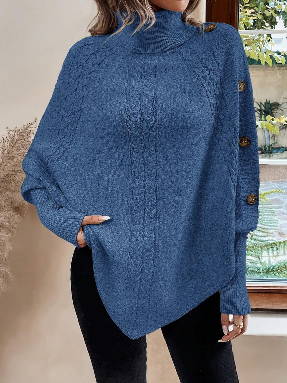 Urchics Casual Sweater Turtleneck Batwing Sleeve Button Detail Poncho Sweater
