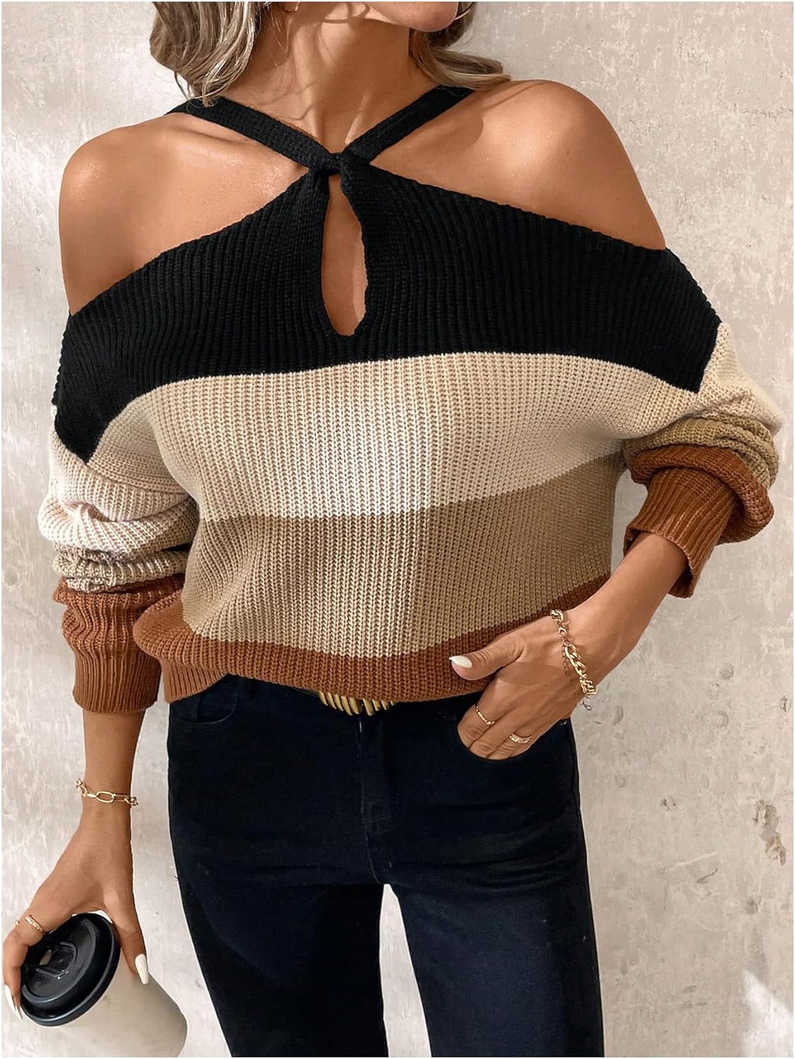 SOLY HUX Fall Sweaters for Women Color Block Cold Shoulder Long Sleeve Pullover Sweater Knit Tops