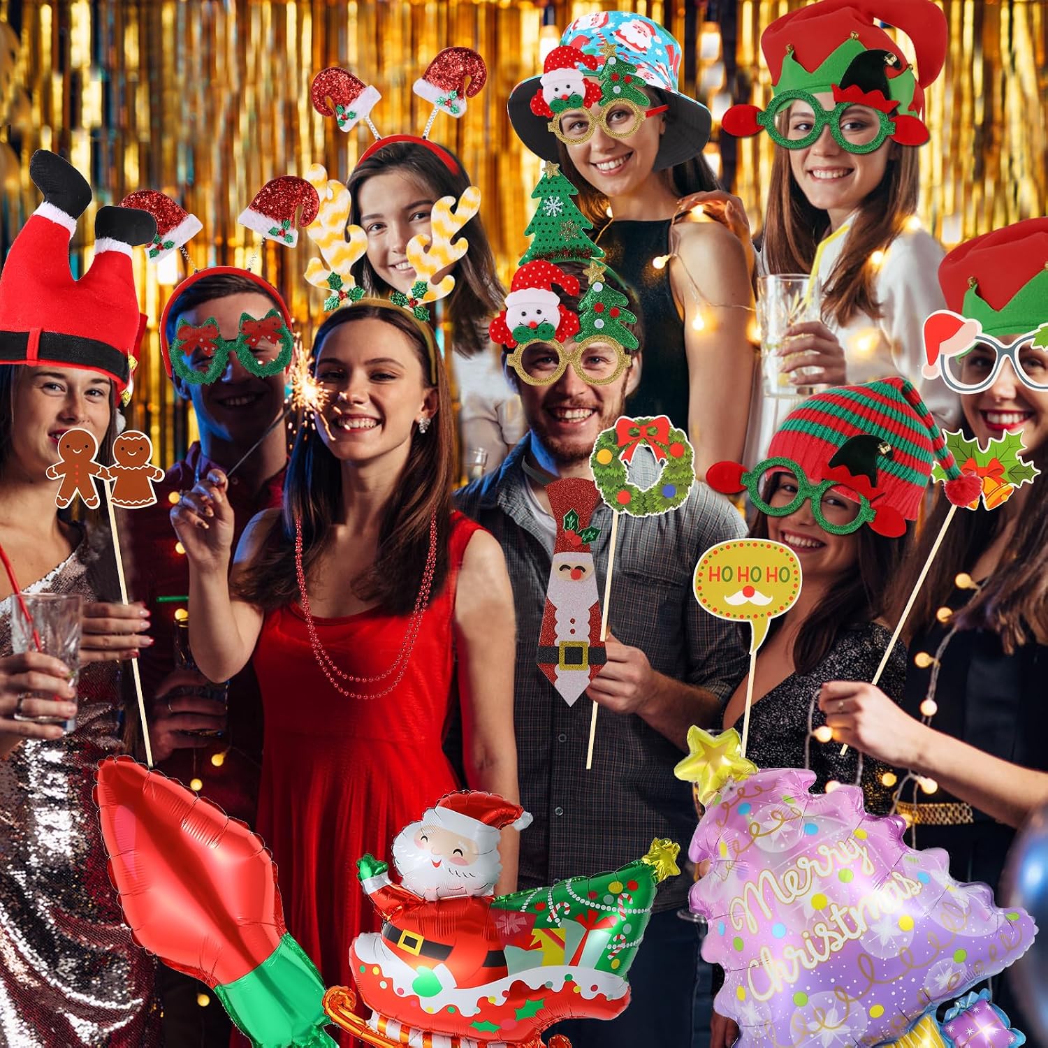 NICOWARM Large Opulent Christmas Photo Booth Props, Xmas Party Supplies, PhotoBooth Props for Xmas, Funny Christmas Hats, Eyeglasses, Headhand, Photo Booth Props for Xmas Party